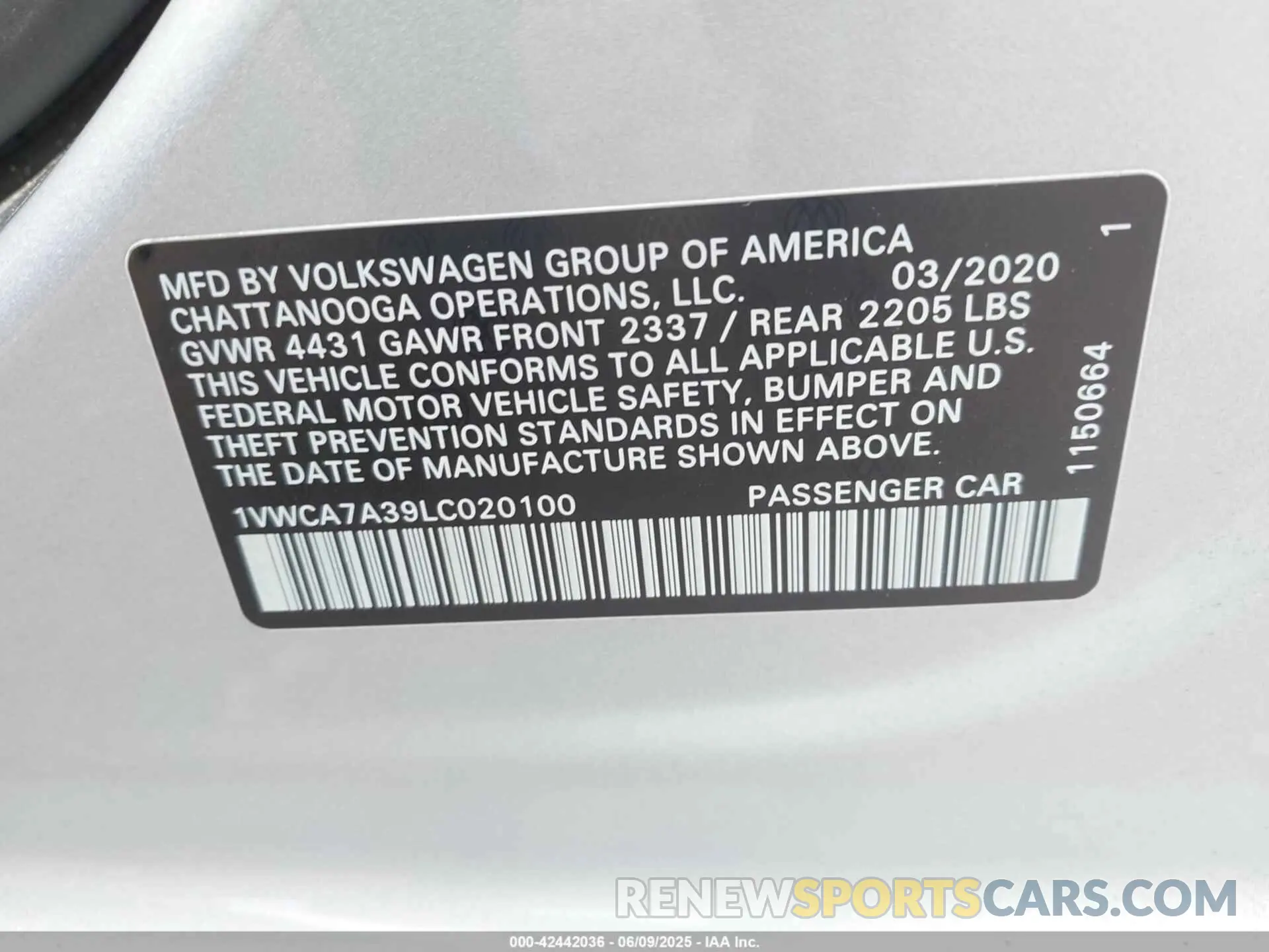 9 Photograph of a damaged car 1VWCA7A39LC020100 VOLKSWAGEN PASSAT 2020