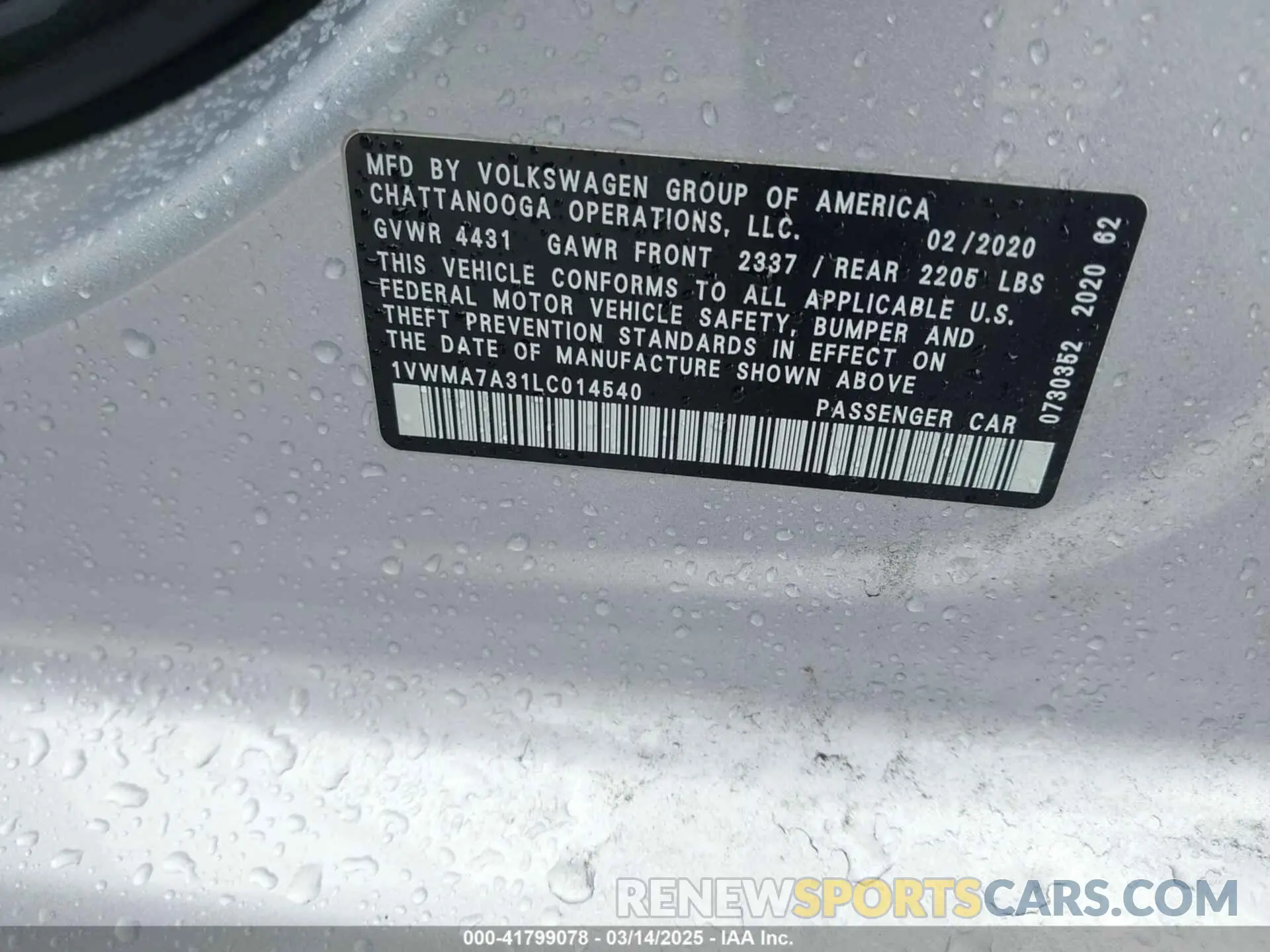 9 Photograph of a damaged car 1VWMA7A31LC014540 VOLKSWAGEN PASSAT 2020