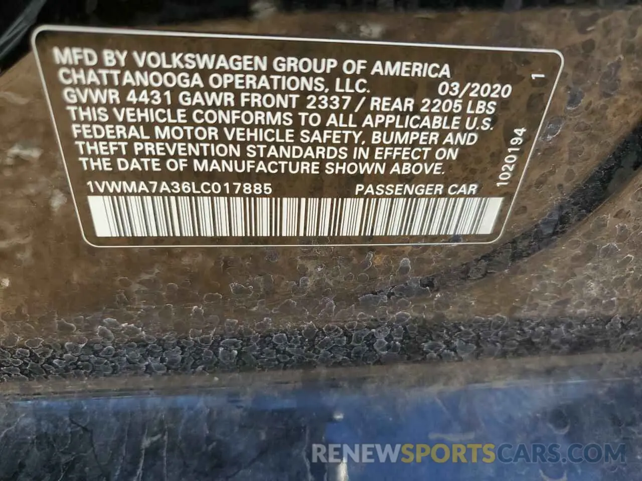 14 Photograph of a damaged car 1VWMA7A36LC017885 VOLKSWAGEN PASSAT 2020