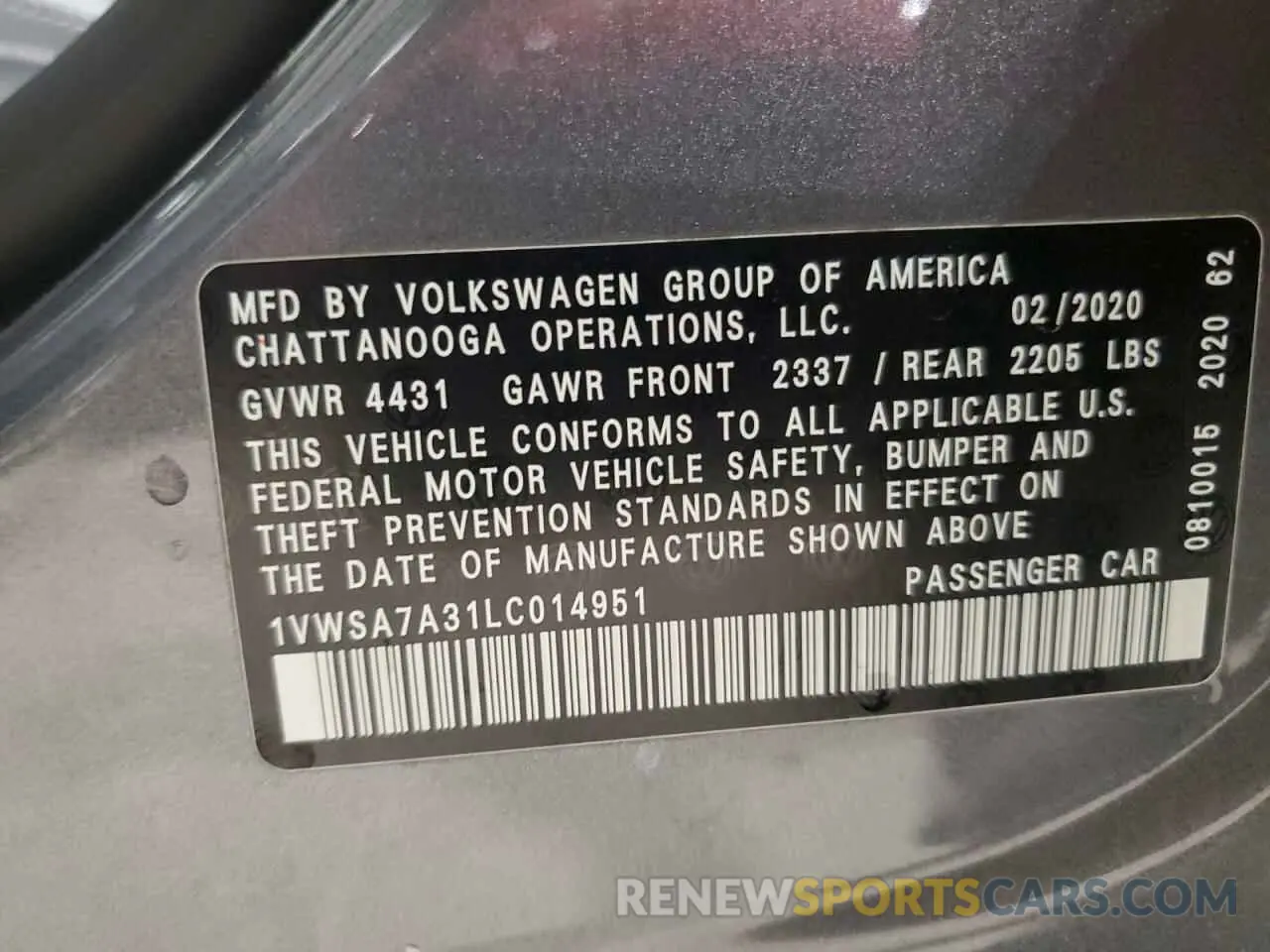 12 Photograph of a damaged car 1VWSA7A31LC014951 VOLKSWAGEN PASSAT 2020