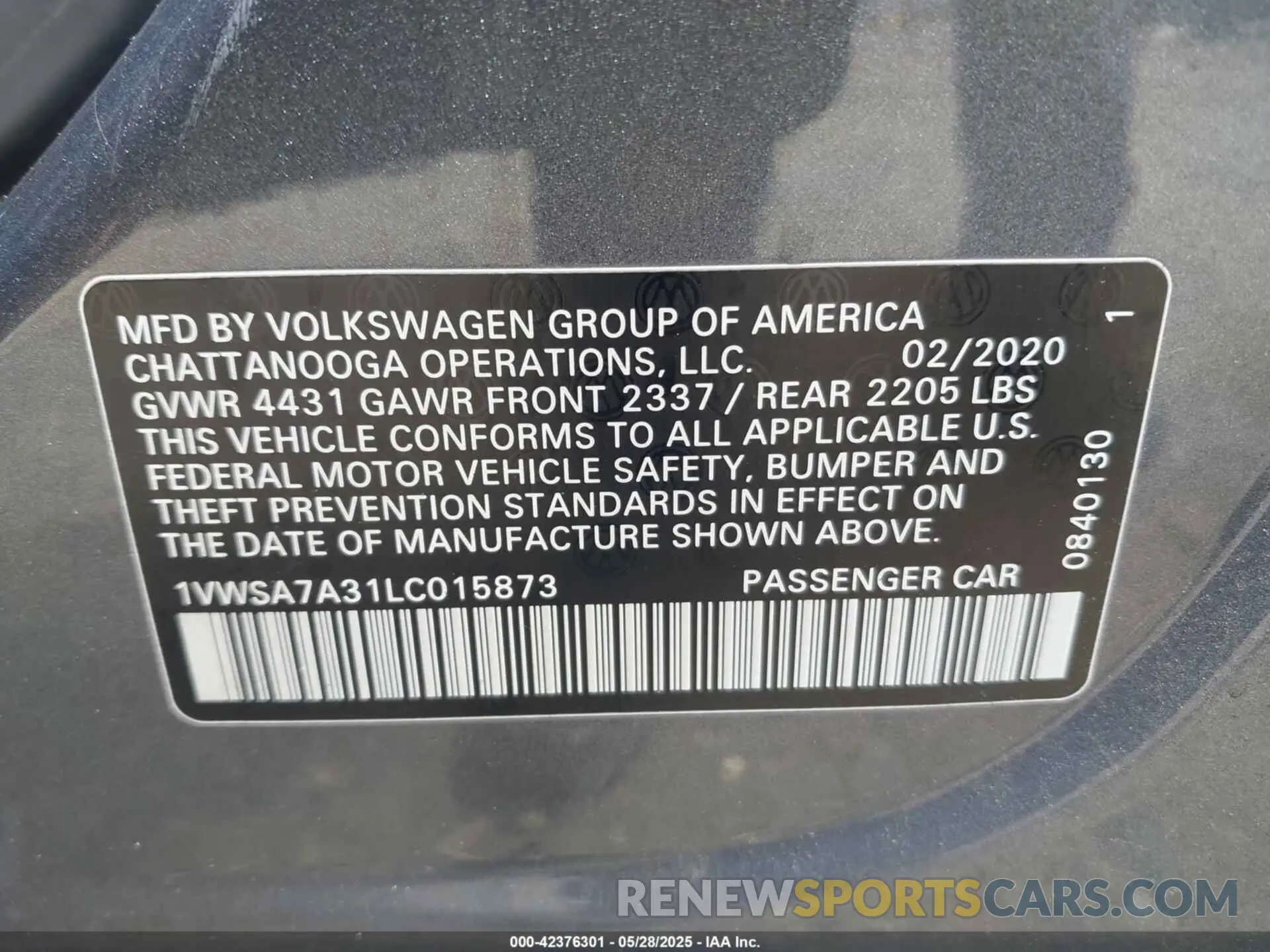 9 Photograph of a damaged car 1VWSA7A31LC015873 VOLKSWAGEN PASSAT 2020