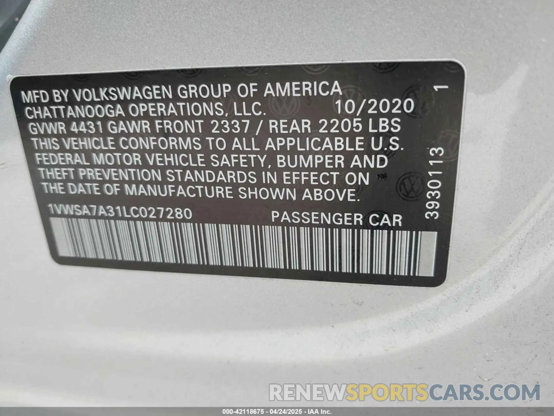 9 Photograph of a damaged car 1VWSA7A31LC027280 VOLKSWAGEN PASSAT 2020