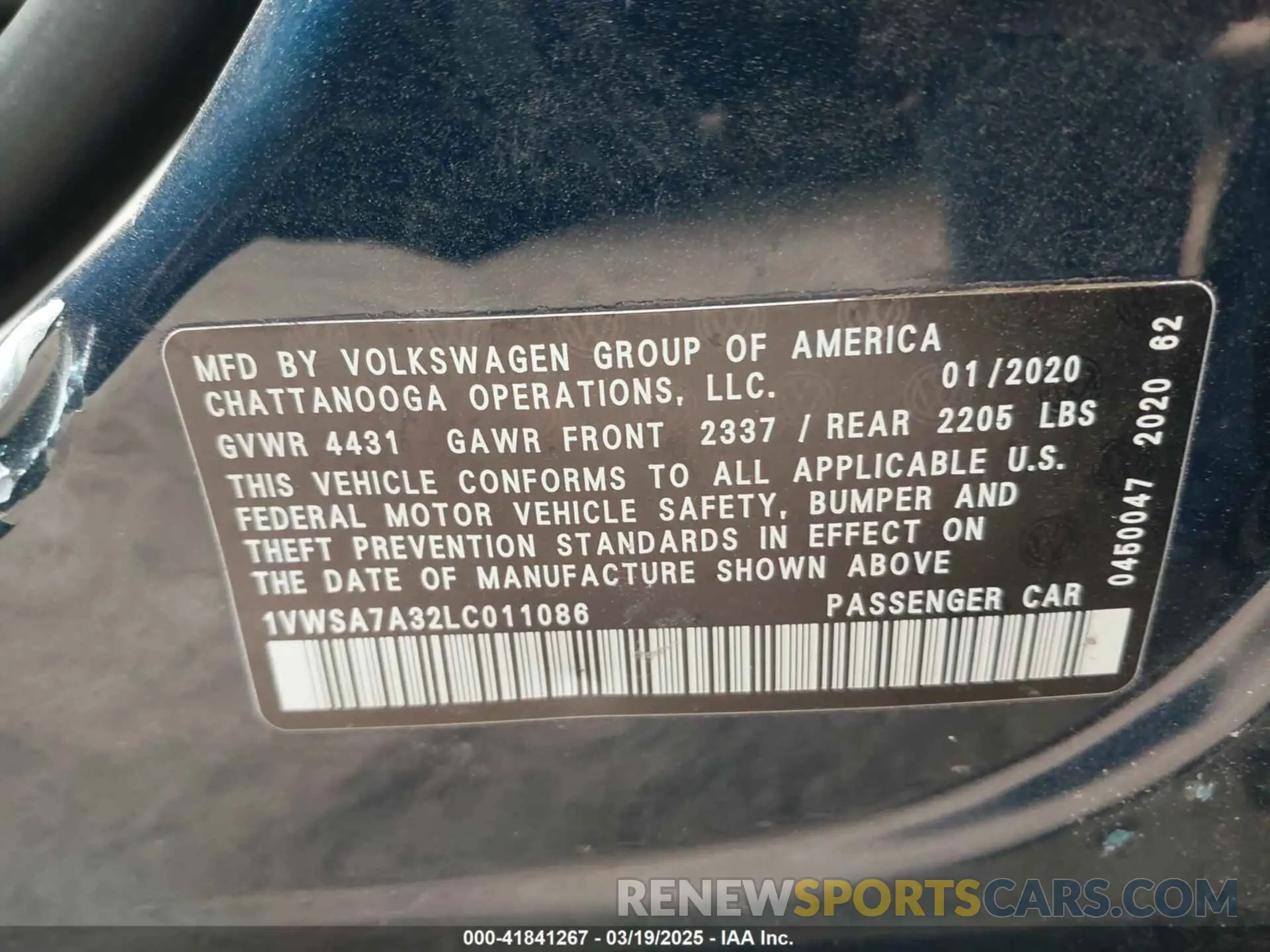 9 Photograph of a damaged car 1VWSA7A32LC011086 VOLKSWAGEN PASSAT 2020