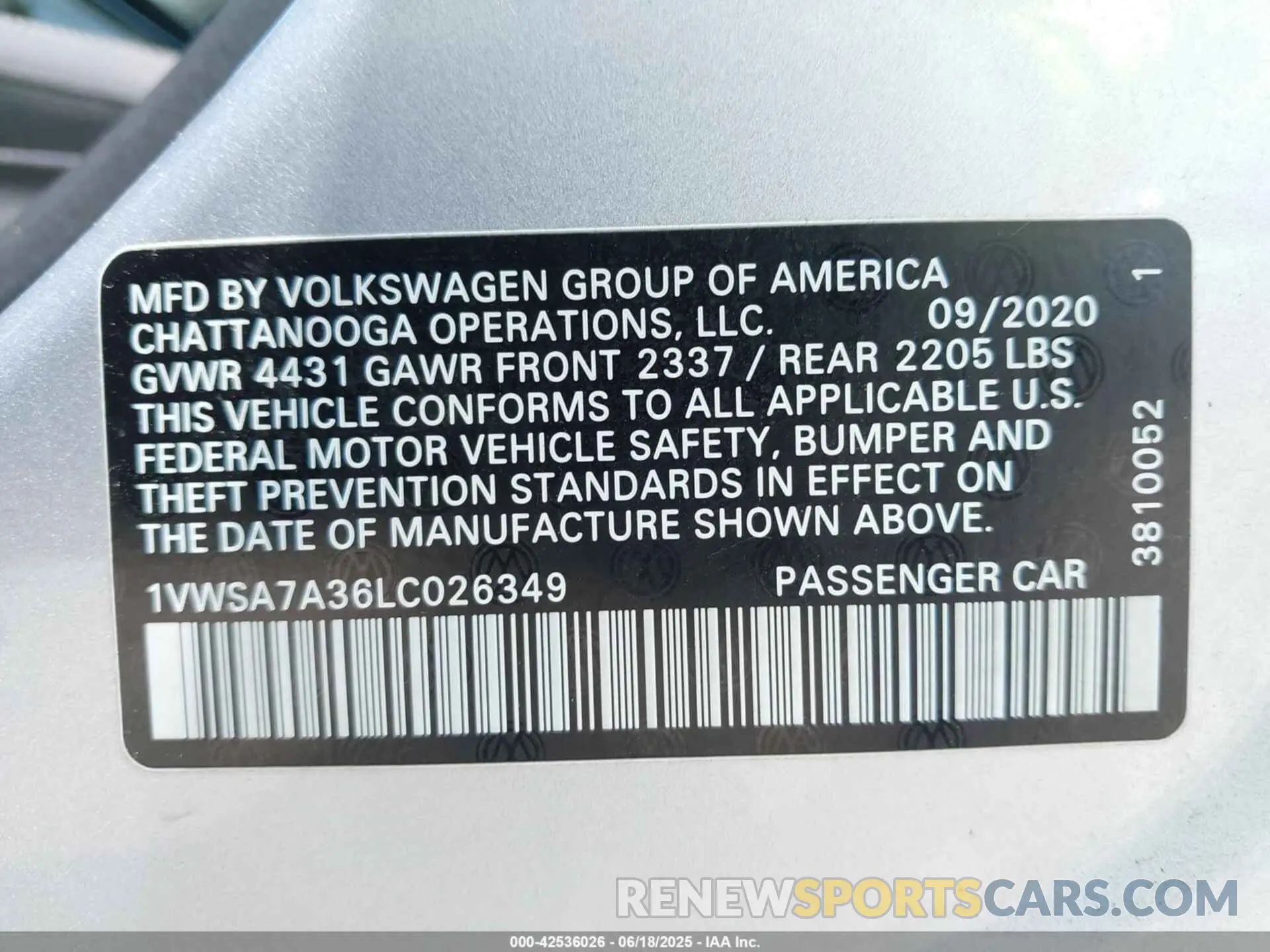 9 Photograph of a damaged car 1VWSA7A36LC026349 VOLKSWAGEN PASSAT 2020