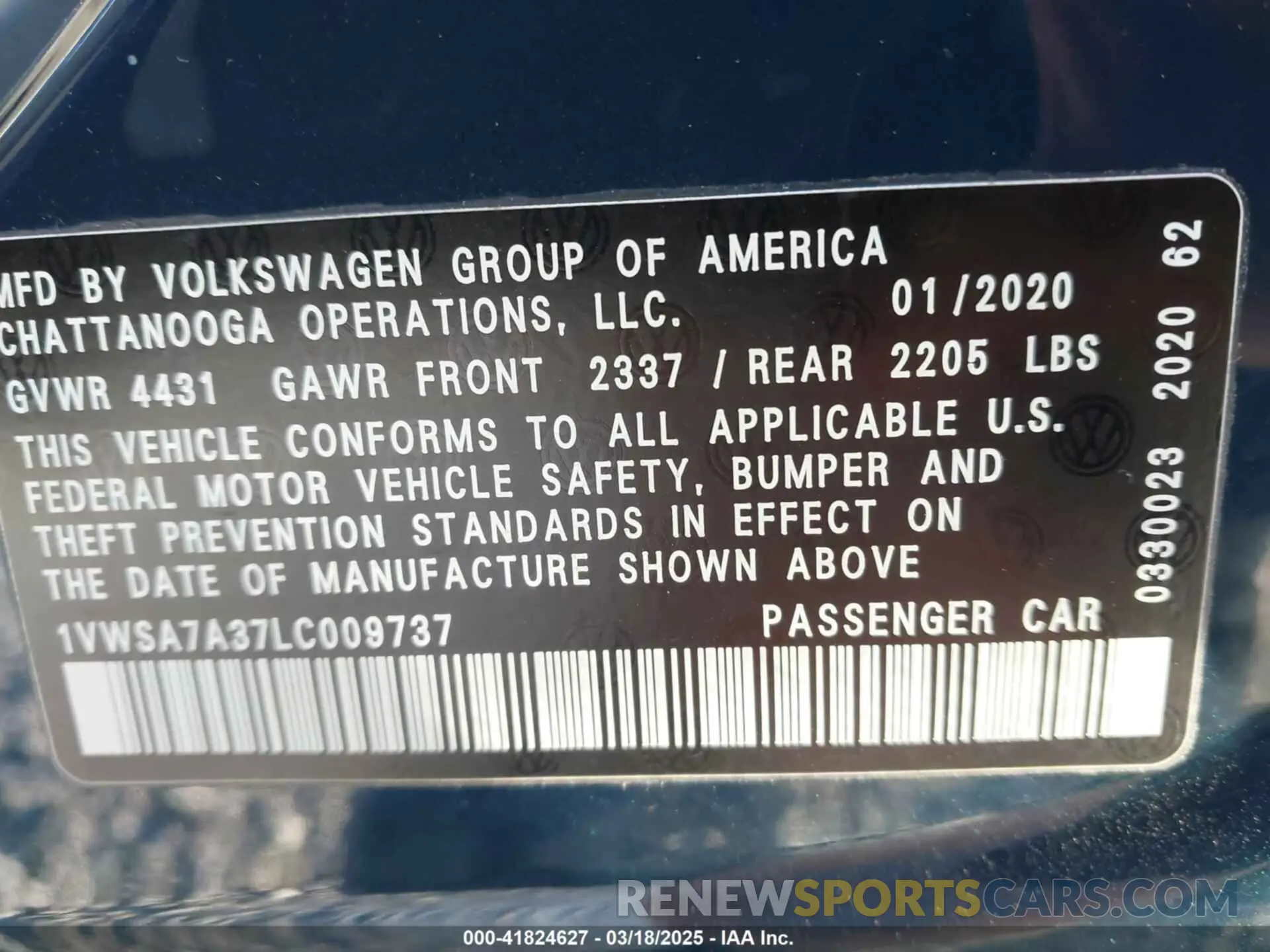 9 Photograph of a damaged car 1VWSA7A37LC009737 VOLKSWAGEN PASSAT 2020