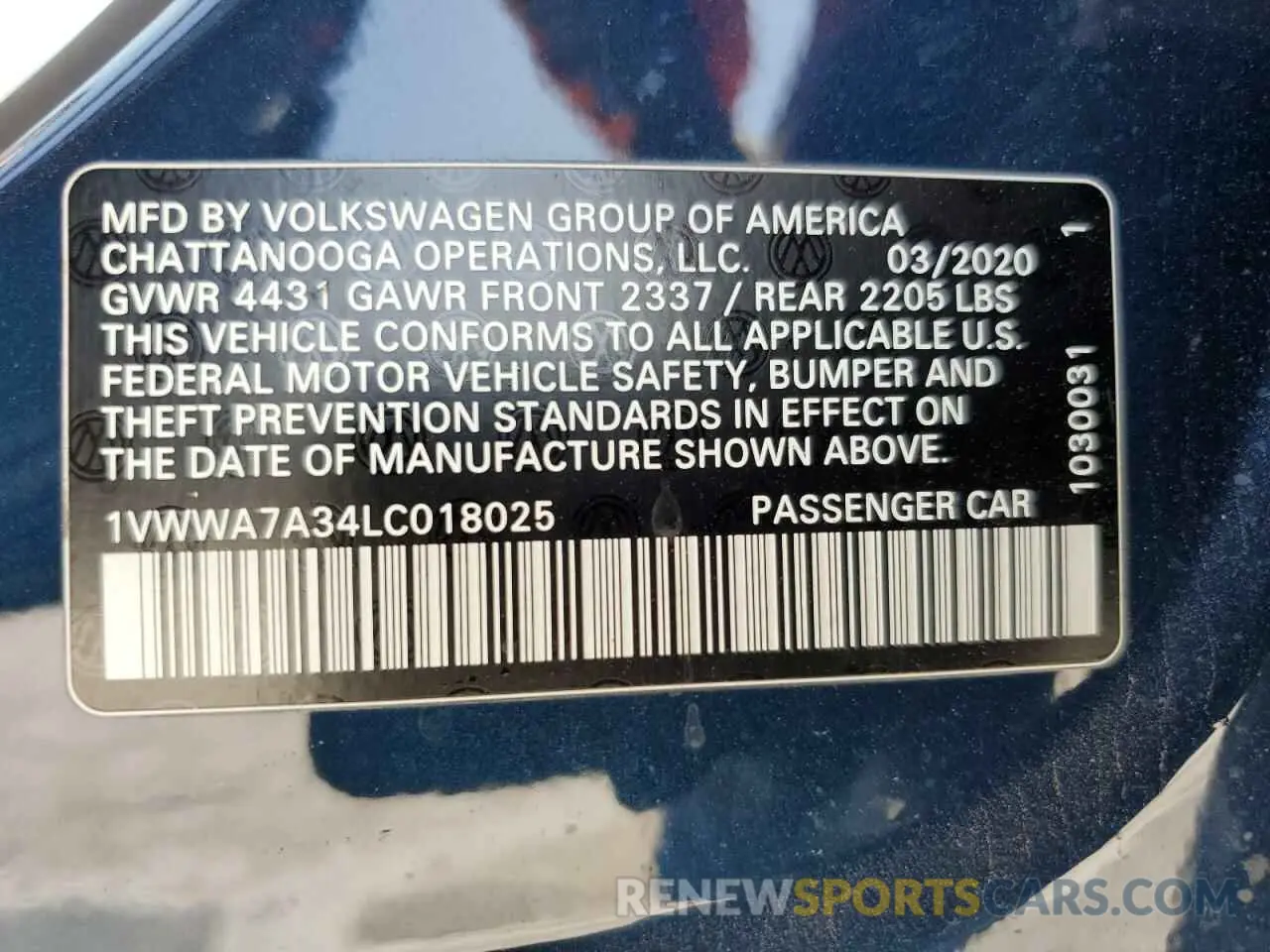 12 Photograph of a damaged car 1VWWA7A34LC018025 VOLKSWAGEN PASSAT 2020