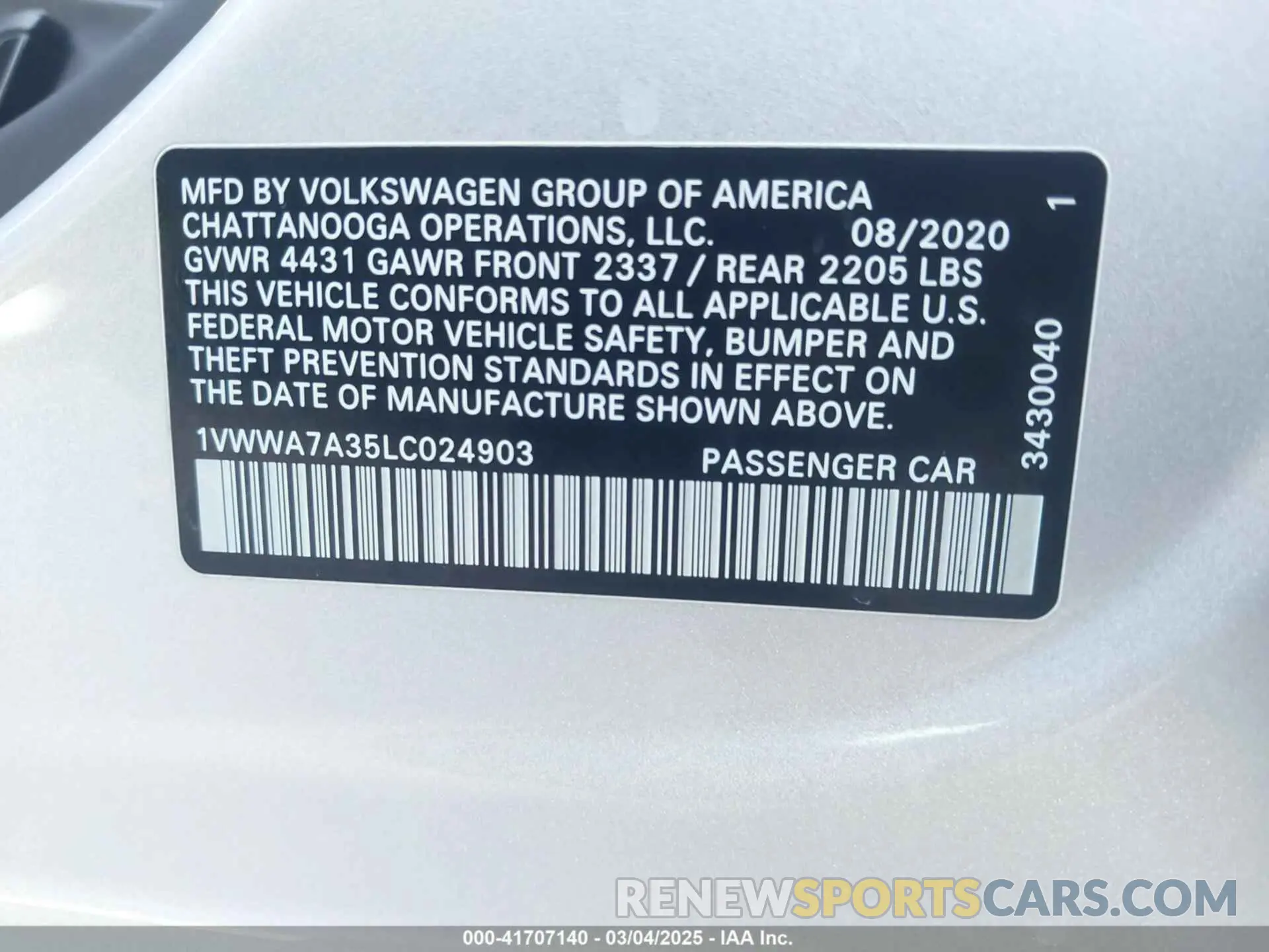 9 Photograph of a damaged car 1VWWA7A35LC024903 VOLKSWAGEN PASSAT 2020
