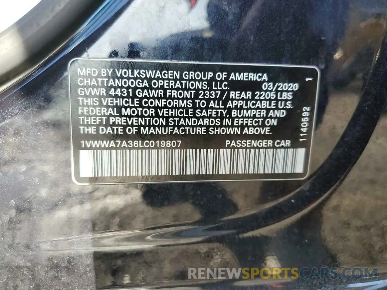 14 Photograph of a damaged car 1VWWA7A36LC019807 VOLKSWAGEN PASSAT 2020