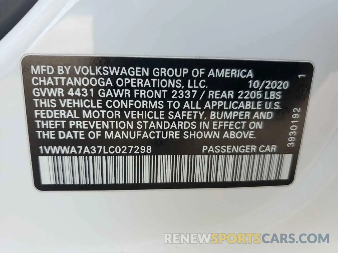 12 Photograph of a damaged car 1VWWA7A37LC027298 VOLKSWAGEN PASSAT 2020