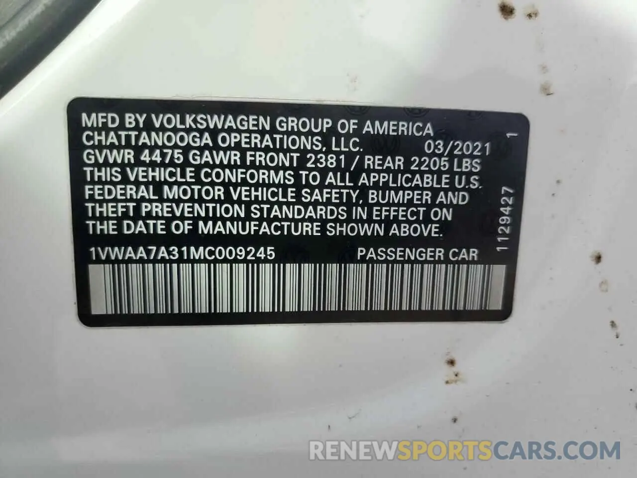 12 Photograph of a damaged car 1VWAA7A31MC009245 VOLKSWAGEN PASSAT 2021