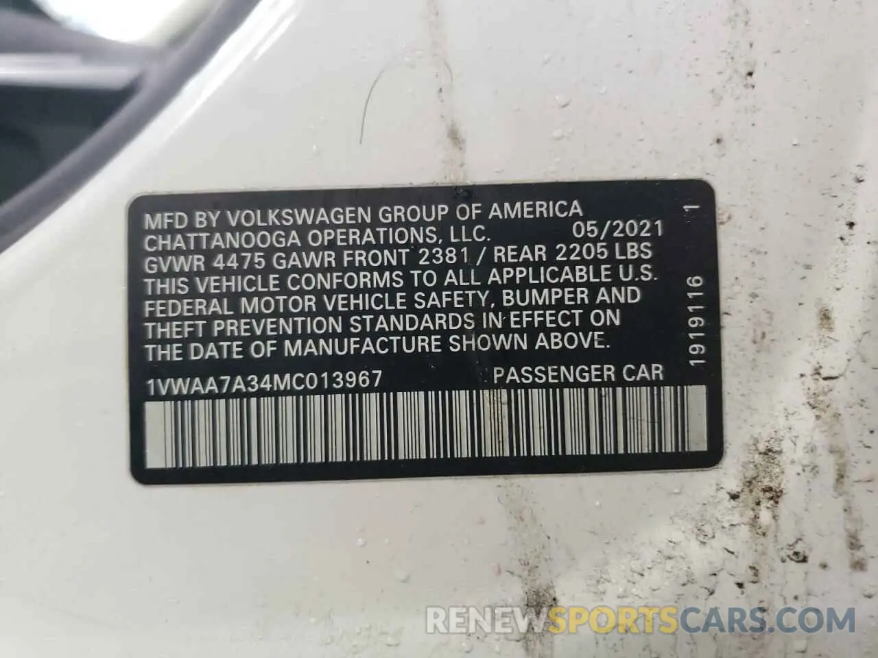 13 Photograph of a damaged car 1VWAA7A34MC013967 VOLKSWAGEN PASSAT 2021