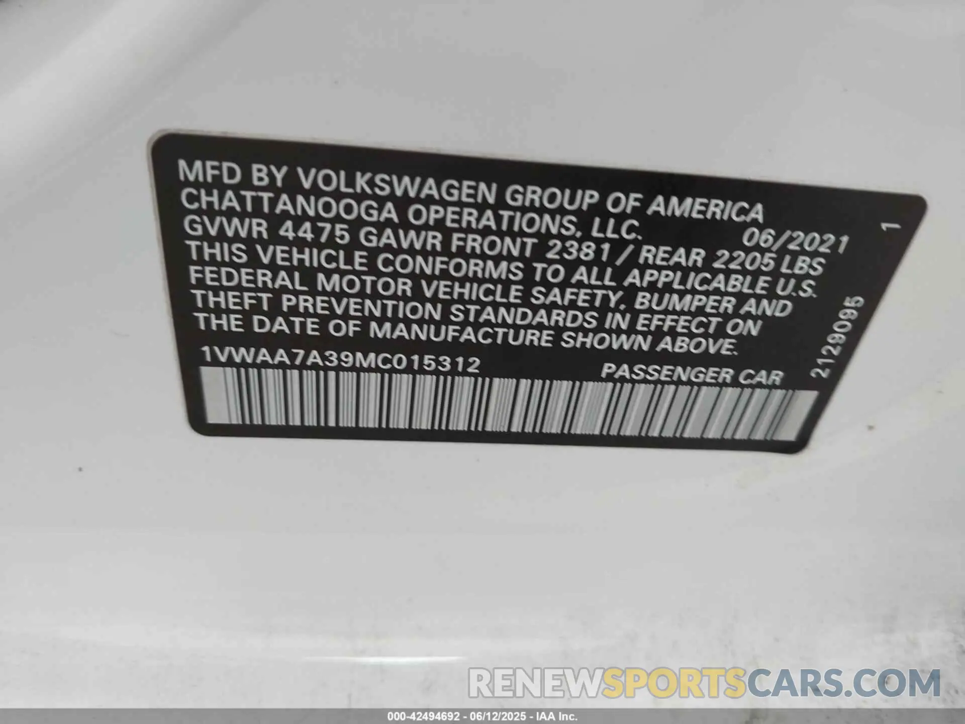9 Photograph of a damaged car 1VWAA7A39MC015312 VOLKSWAGEN PASSAT 2021