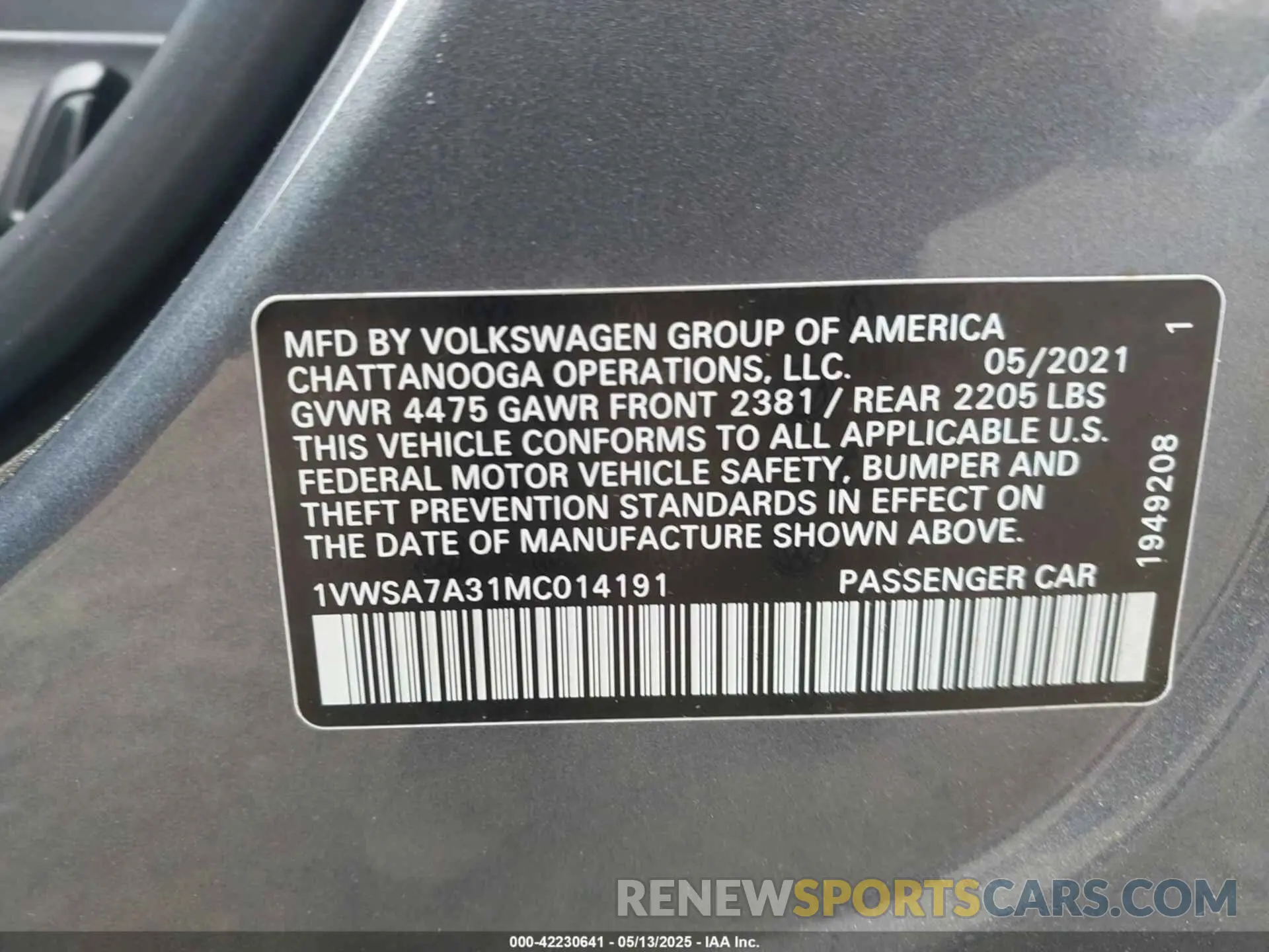9 Photograph of a damaged car 1VWSA7A31MC014191 VOLKSWAGEN PASSAT 2021