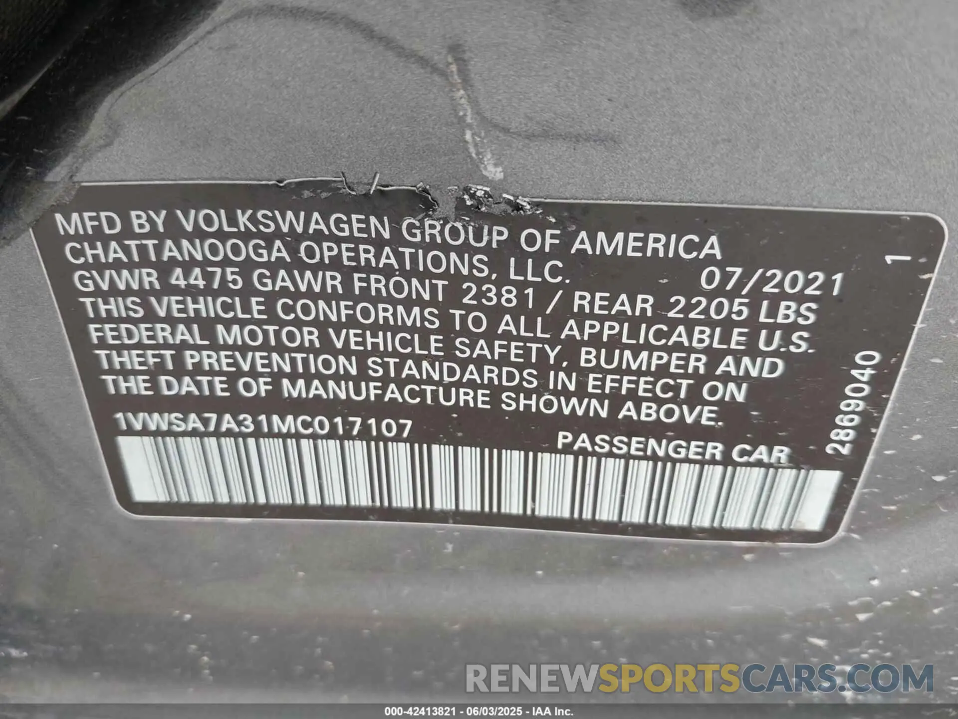 9 Photograph of a damaged car 1VWSA7A31MC017107 VOLKSWAGEN PASSAT 2021
