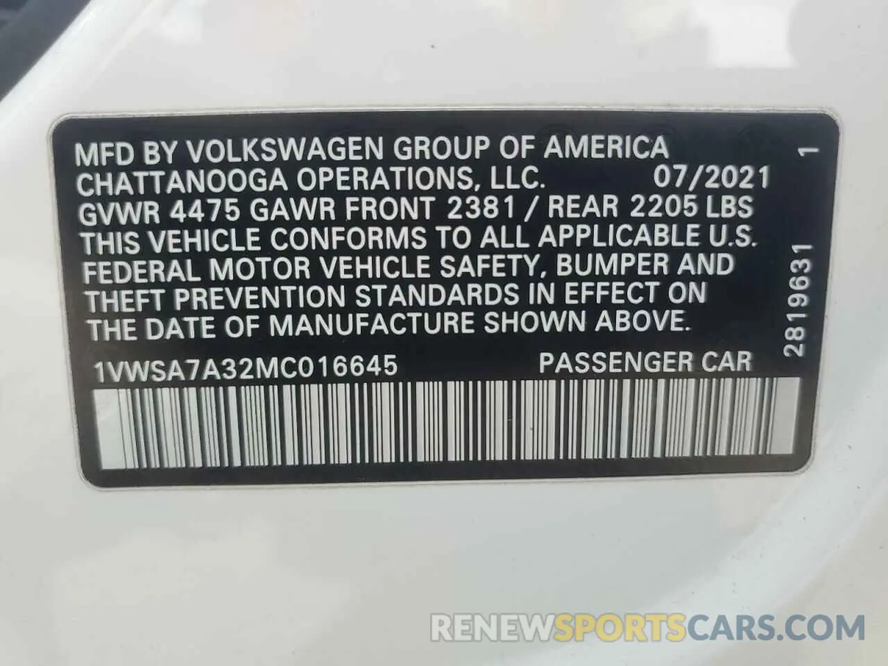12 Photograph of a damaged car 1VWSA7A32MC016645 VOLKSWAGEN PASSAT 2021