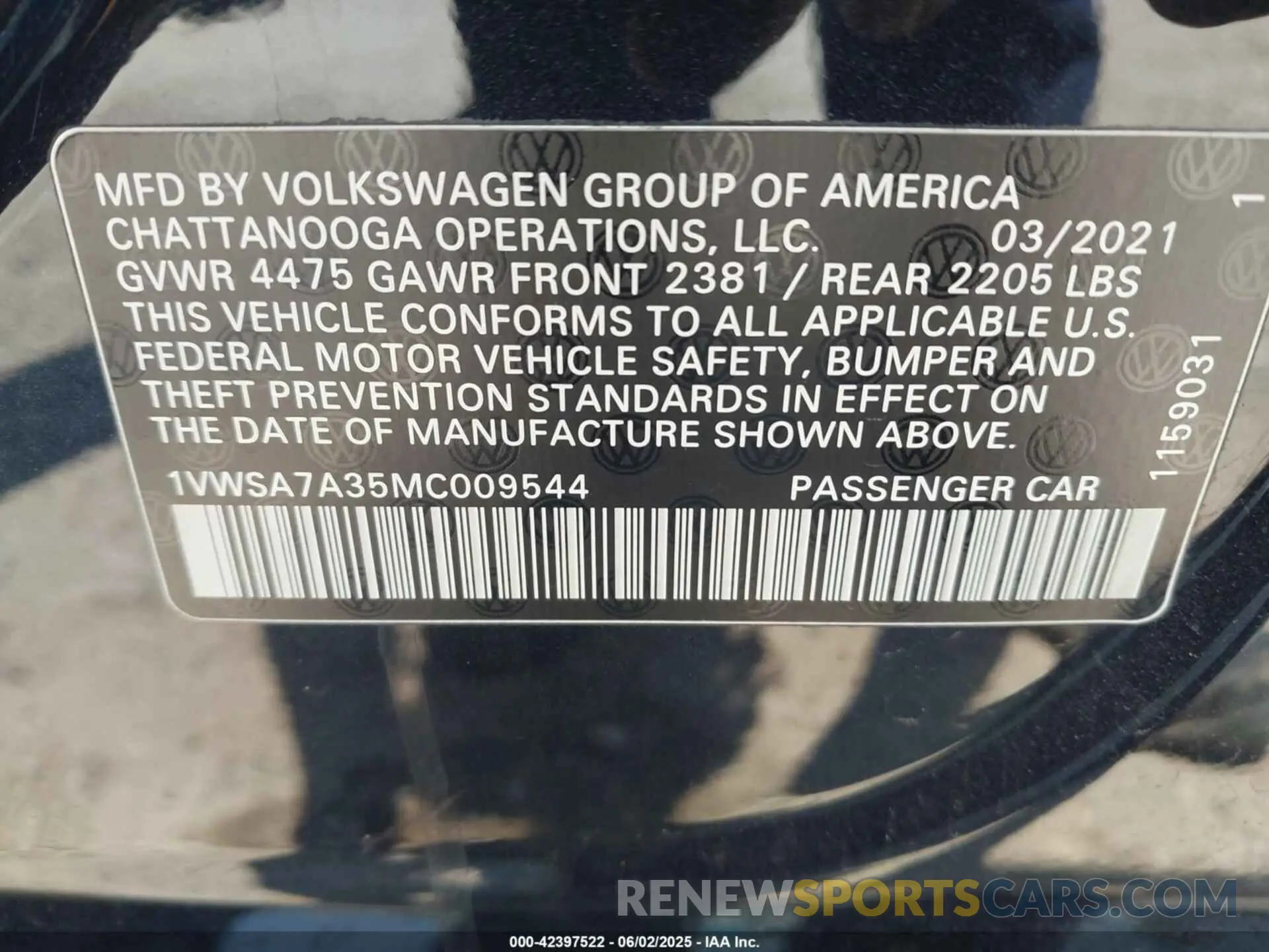 9 Photograph of a damaged car 1VWSA7A35MC009544 VOLKSWAGEN PASSAT 2021