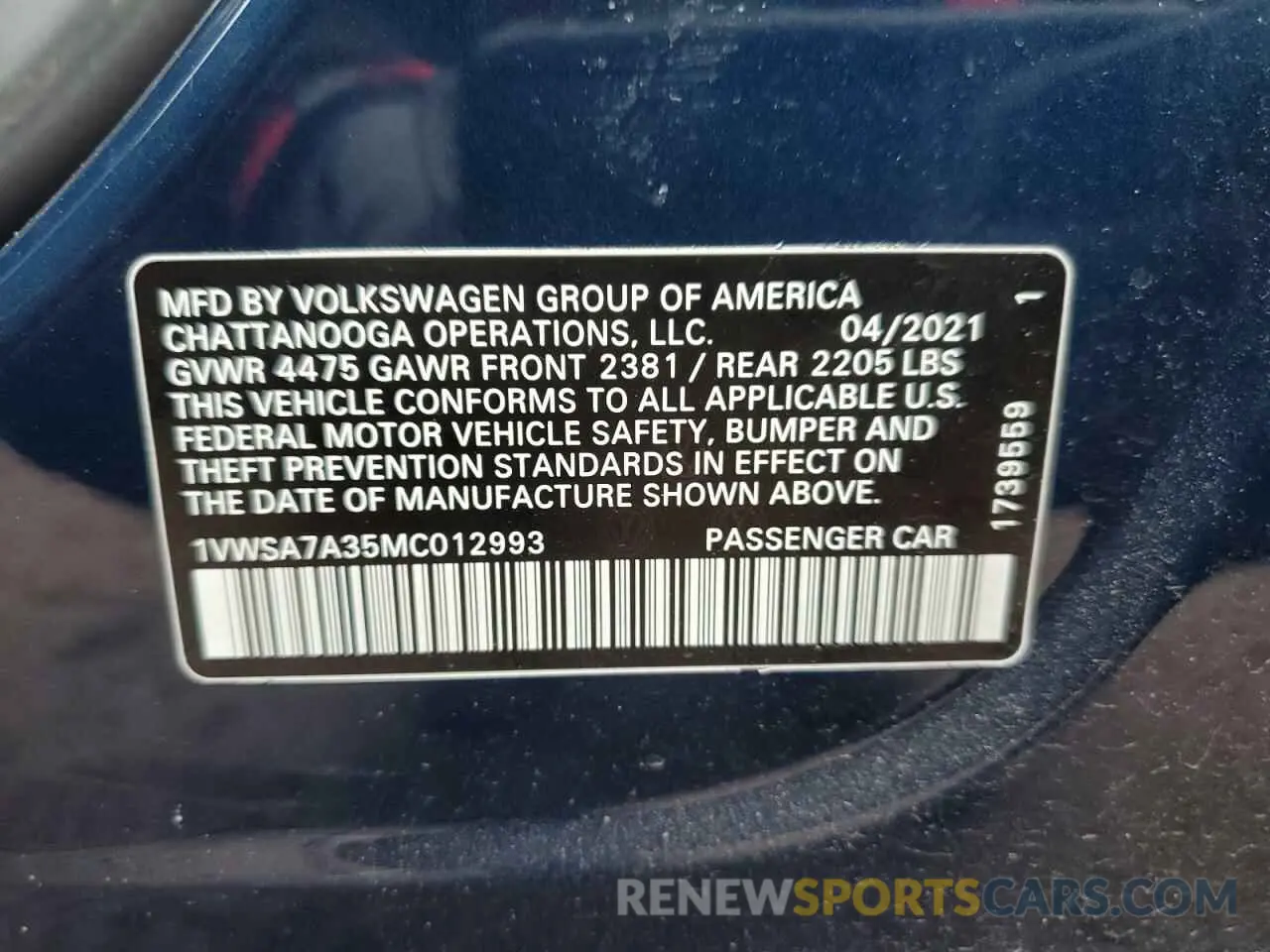 13 Photograph of a damaged car 1VWSA7A35MC012993 VOLKSWAGEN PASSAT 2021