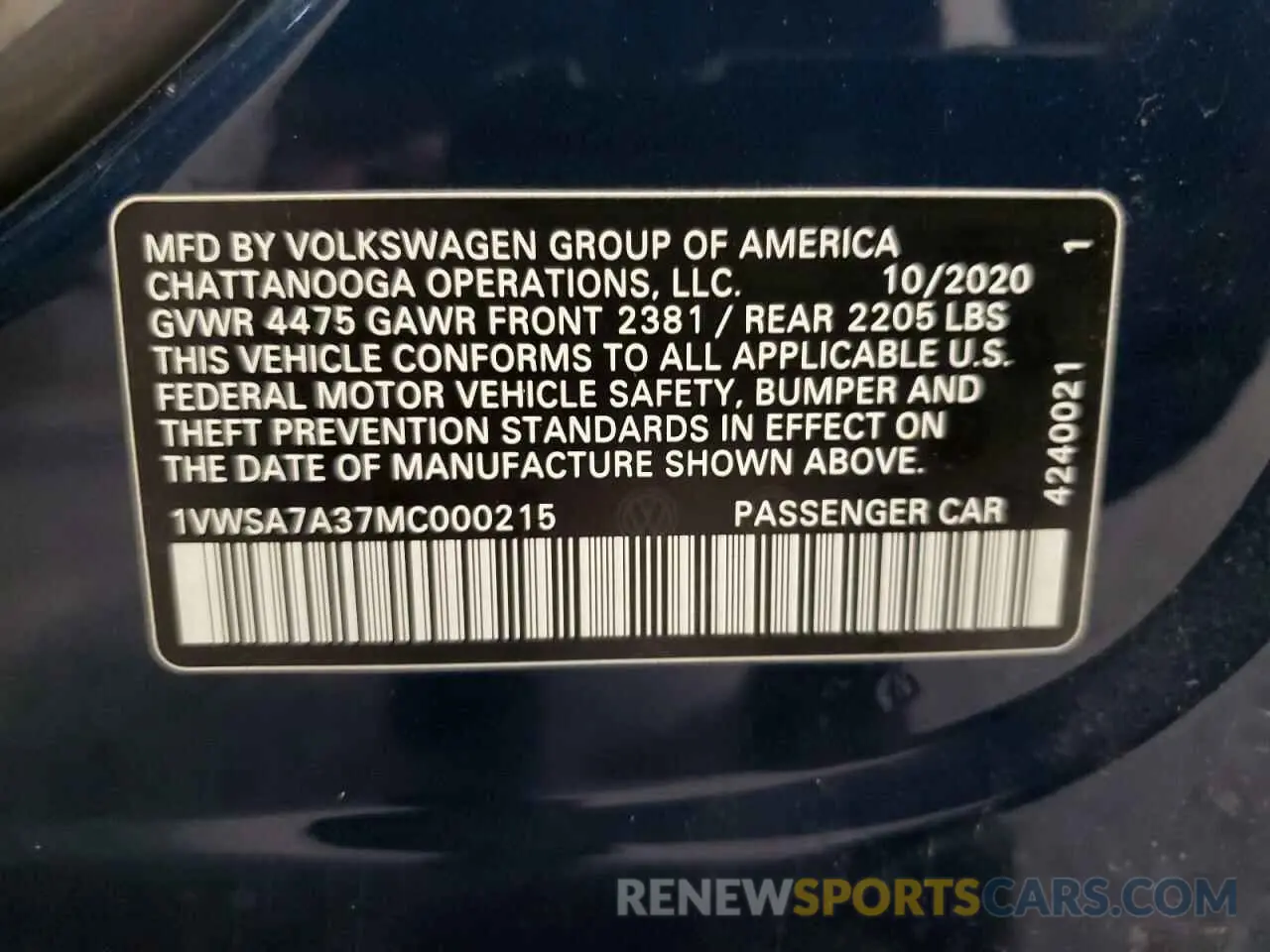 12 Photograph of a damaged car 1VWSA7A37MC000215 VOLKSWAGEN PASSAT 2021