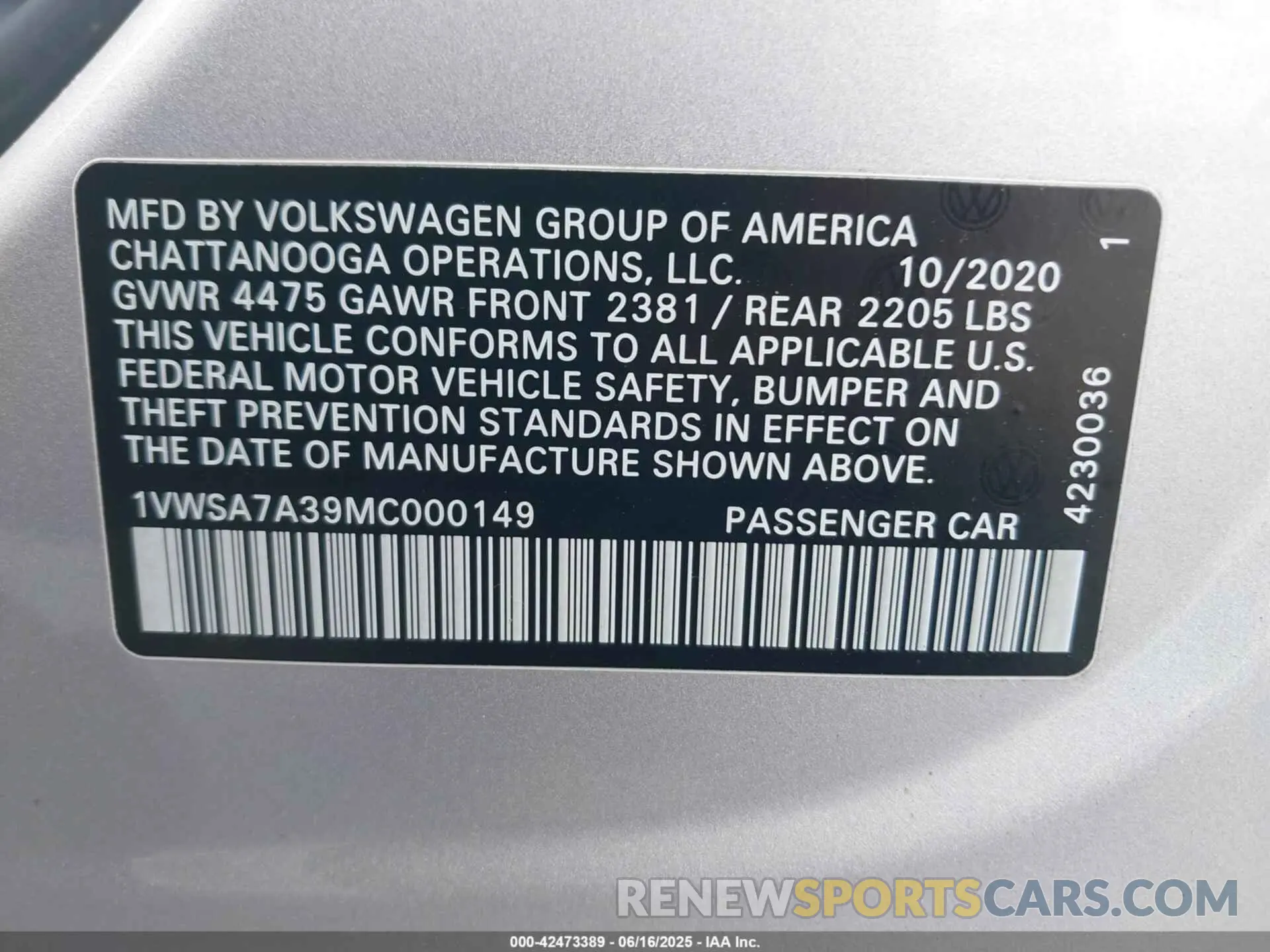 9 Photograph of a damaged car 1VWSA7A39MC000149 VOLKSWAGEN PASSAT 2021