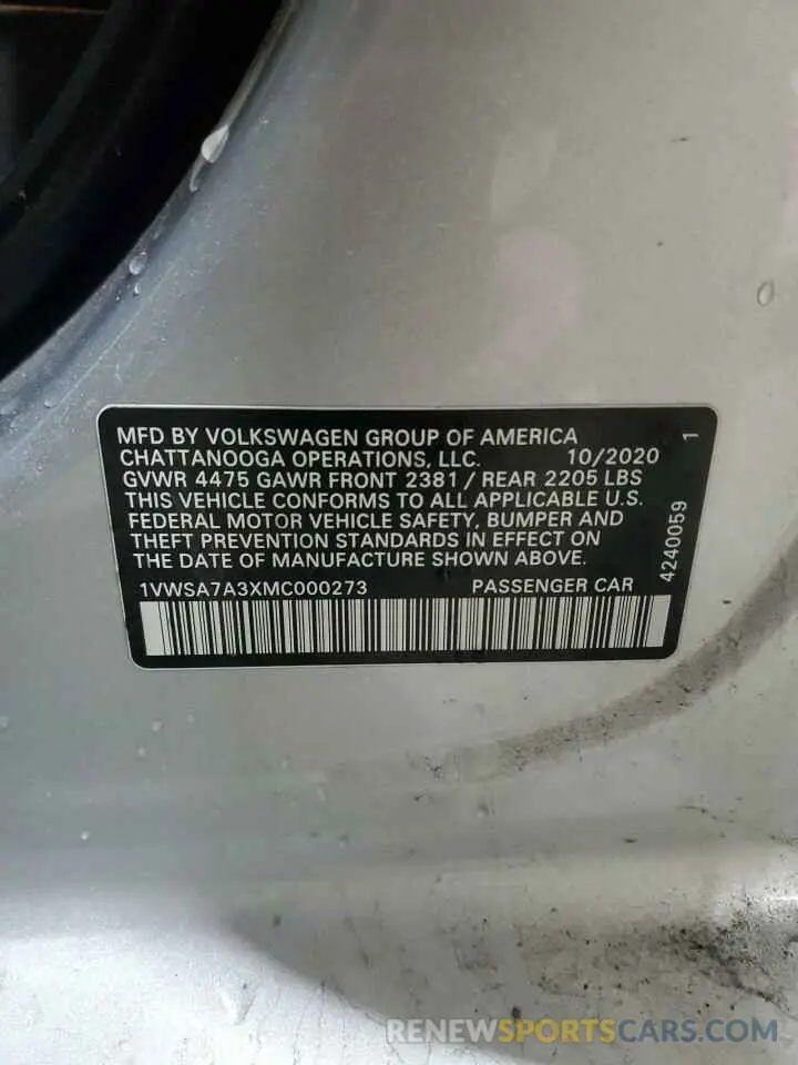 12 Photograph of a damaged car 1VWSA7A3XMC000273 VOLKSWAGEN PASSAT 2021