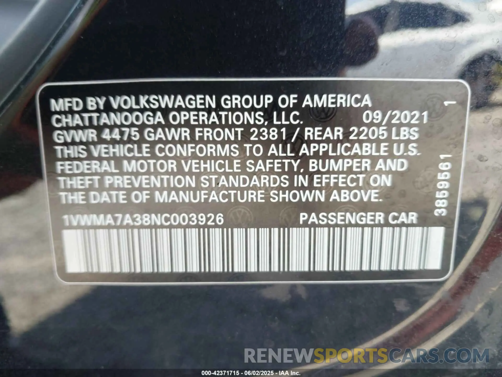 9 Photograph of a damaged car 1VWMA7A38NC003926 VOLKSWAGEN PASSAT 2022