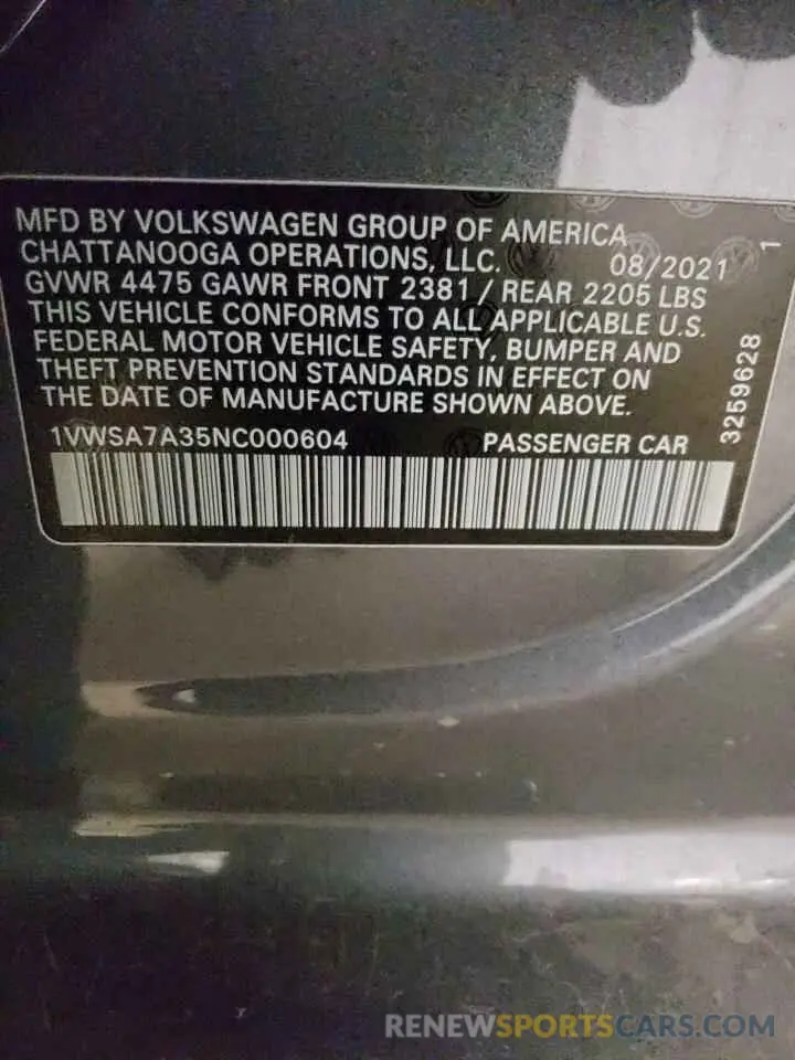 12 Photograph of a damaged car 1VWSA7A35NC000604 VOLKSWAGEN PASSAT 2022