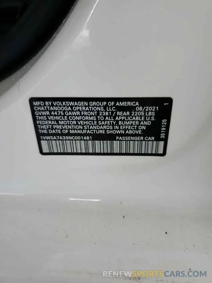 12 Photograph of a damaged car 1VWSA7A39NC001481 VOLKSWAGEN PASSAT 2022