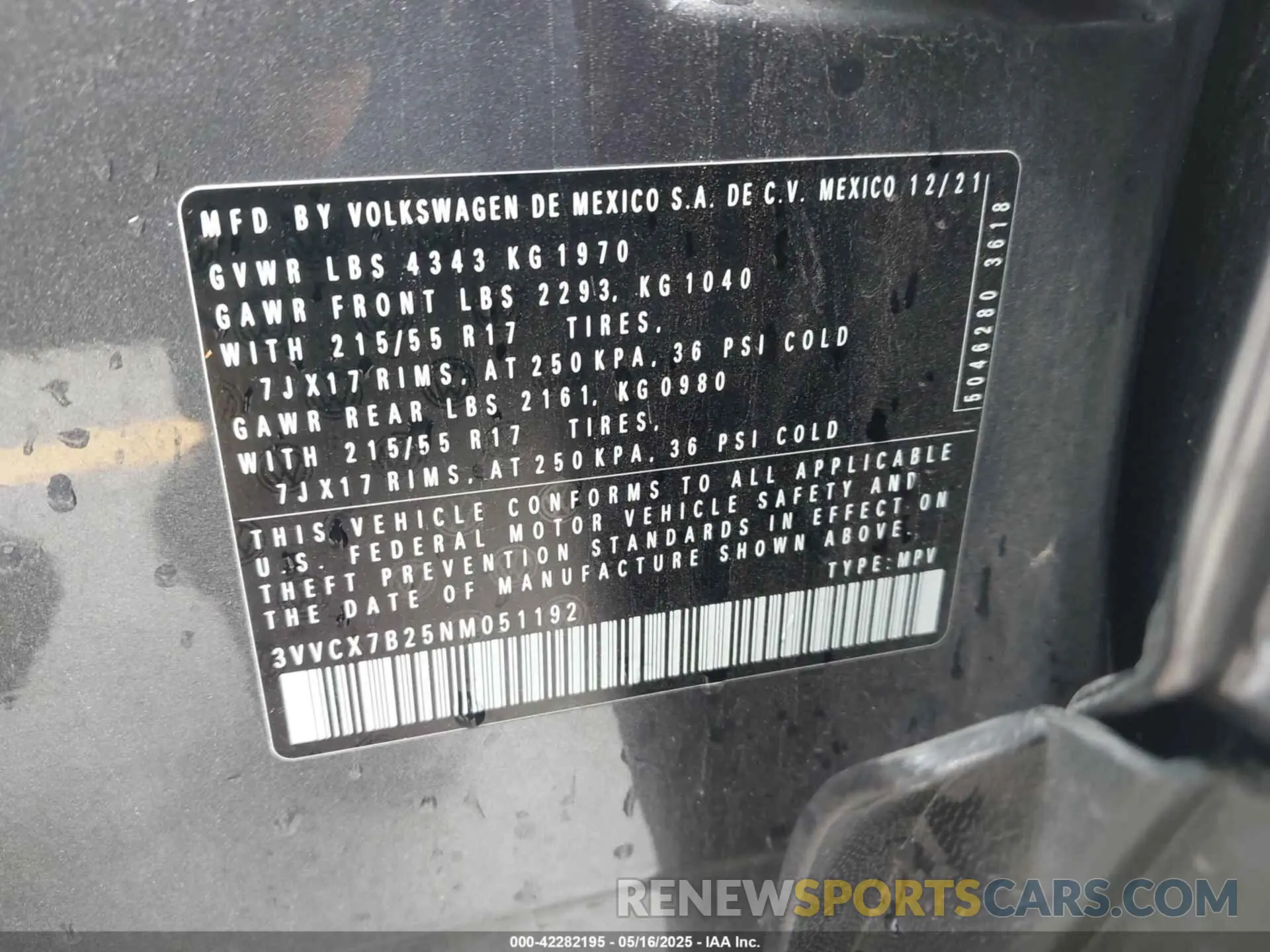 9 Photograph of a damaged car 3VVCX7B25NM051192 VOLKSWAGEN TAOS 2022