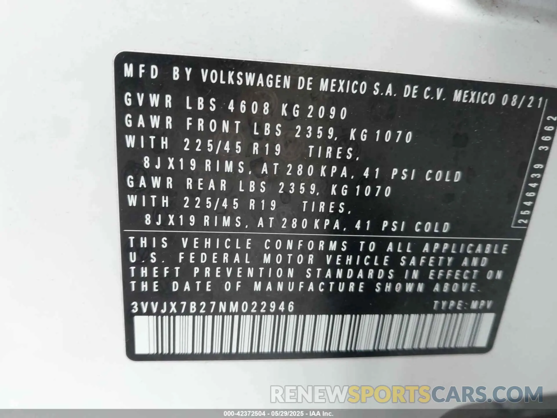 9 Photograph of a damaged car 3VVJX7B27NM022946 VOLKSWAGEN TAOS 2022