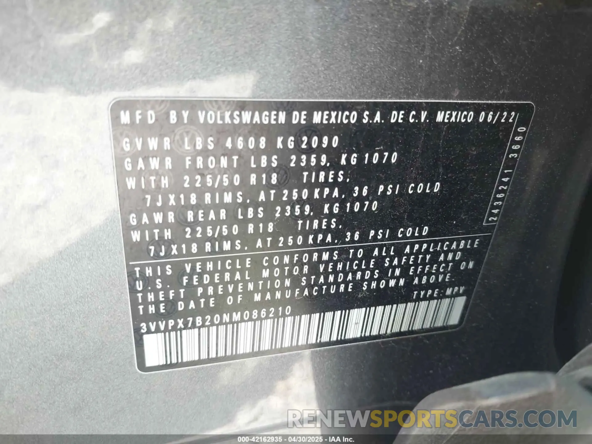 9 Photograph of a damaged car 3VVPX7B20NM086210 VOLKSWAGEN TAOS 2022