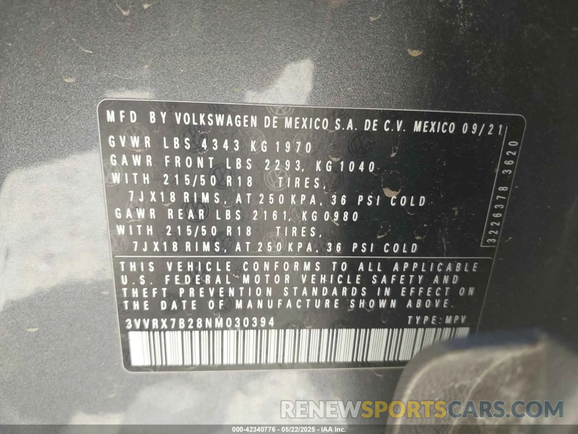 9 Photograph of a damaged car 3VVRX7B28NM030394 VOLKSWAGEN TAOS 2022