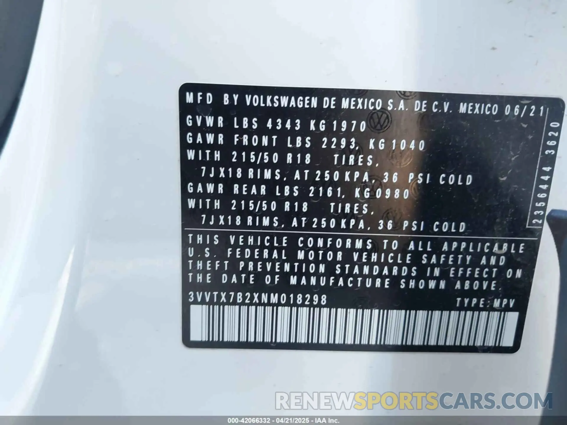 9 Photograph of a damaged car 3VVTX7B2XNM018298 VOLKSWAGEN TAOS 2022