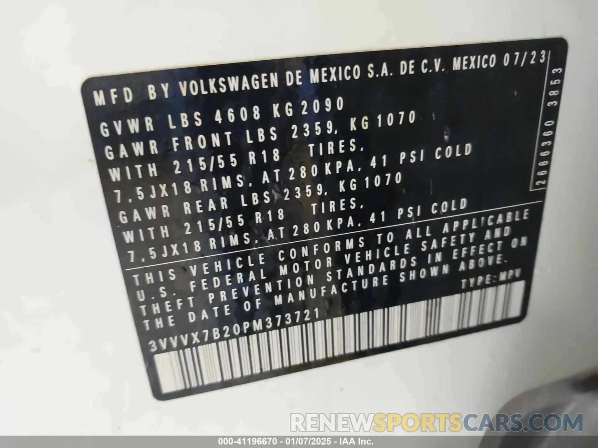 9 Photograph of a damaged car 3VVVX7B20PM373721 VOLKSWAGEN TAOS 2023