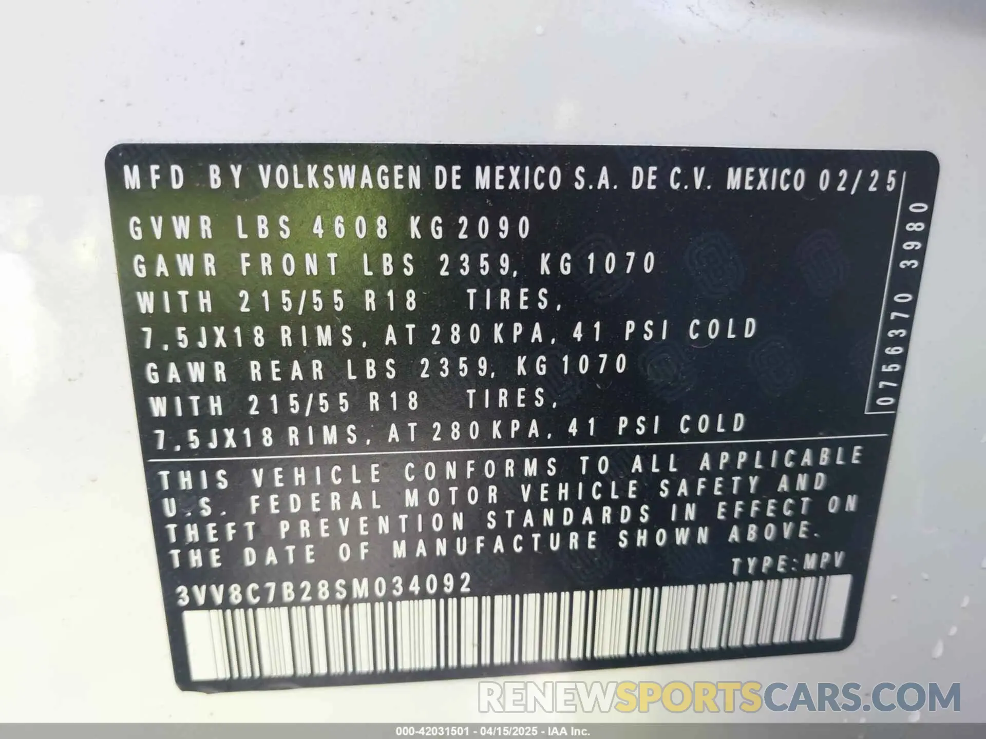 9 Photograph of a damaged car 3VV8C7B28SM034092 VOLKSWAGEN TAOS 2025