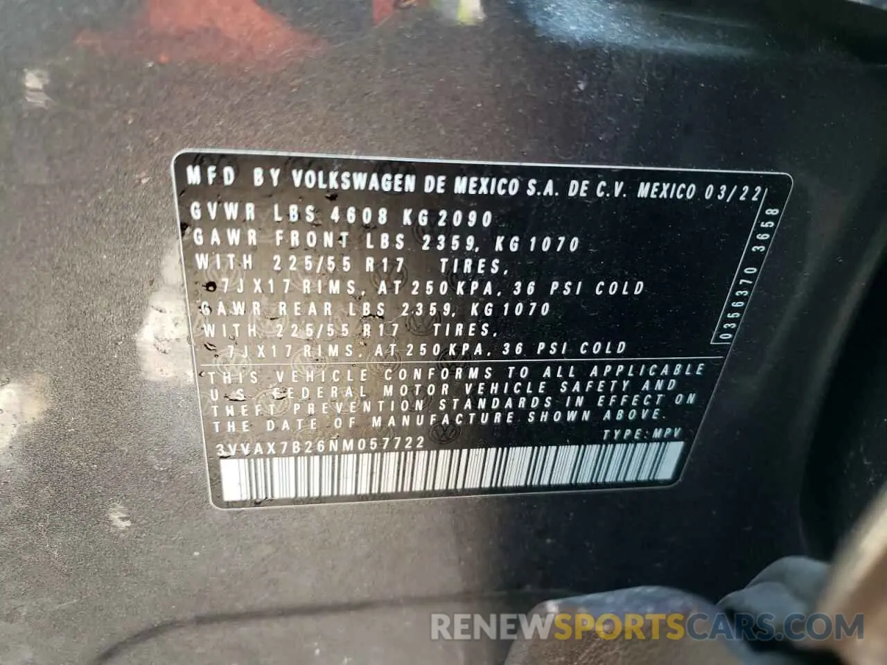 14 Photograph of a damaged car 3VVAX7B26NM057722 VOLKSWAGEN TAOS S 2022