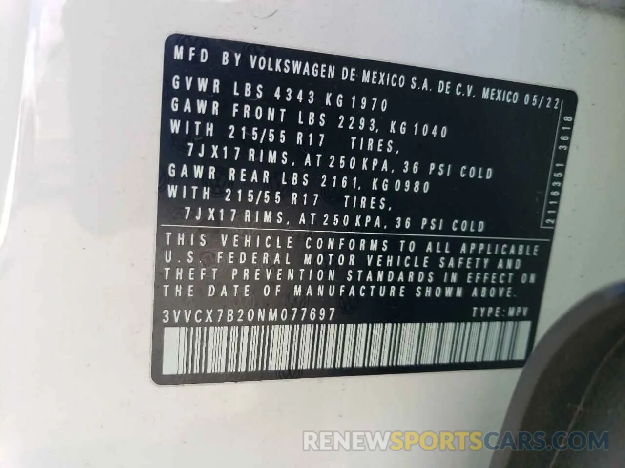 13 Photograph of a damaged car 3VVCX7B20NM077697 VOLKSWAGEN TAOS S 2022