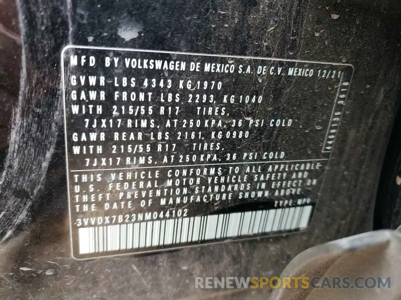 15 Photograph of a damaged car 3VVDX7B23NM044102 VOLKSWAGEN TAOS S 2022