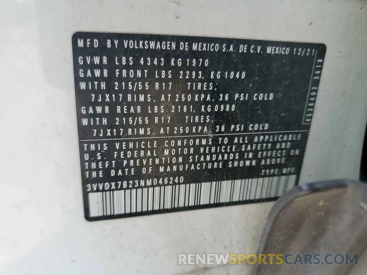 14 Photograph of a damaged car 3VVDX7B23NM046240 VOLKSWAGEN TAOS S 2022