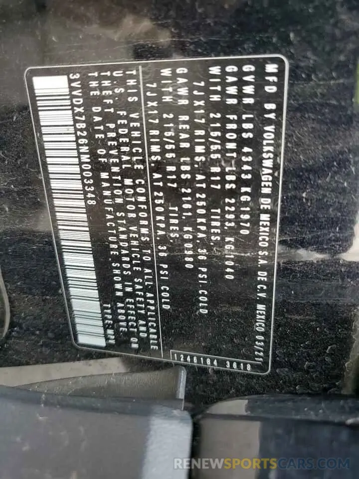 13 Photograph of a damaged car 3VVDX7B26NM003348 VOLKSWAGEN TAOS S 2022