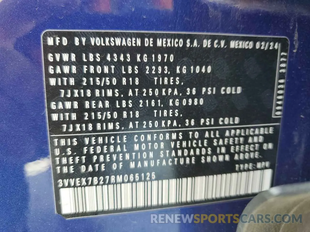 16 Photograph of a damaged car 3VVEX7B27RM065125 VOLKSWAGEN TAOS SE 2024