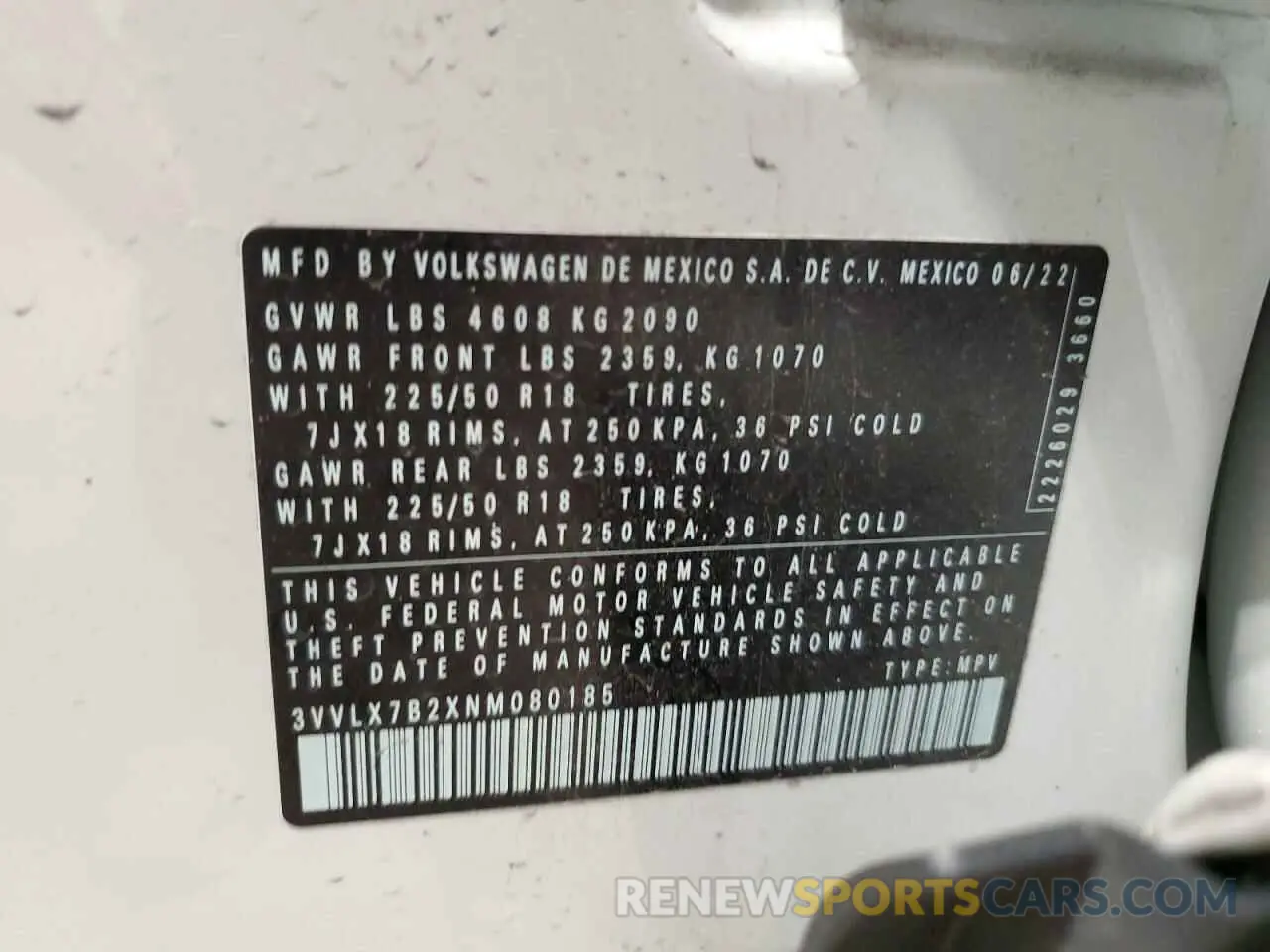 13 Photograph of a damaged car 3VVLX7B2XNM080185 VOLKSWAGEN TAOS SE IQ 2022