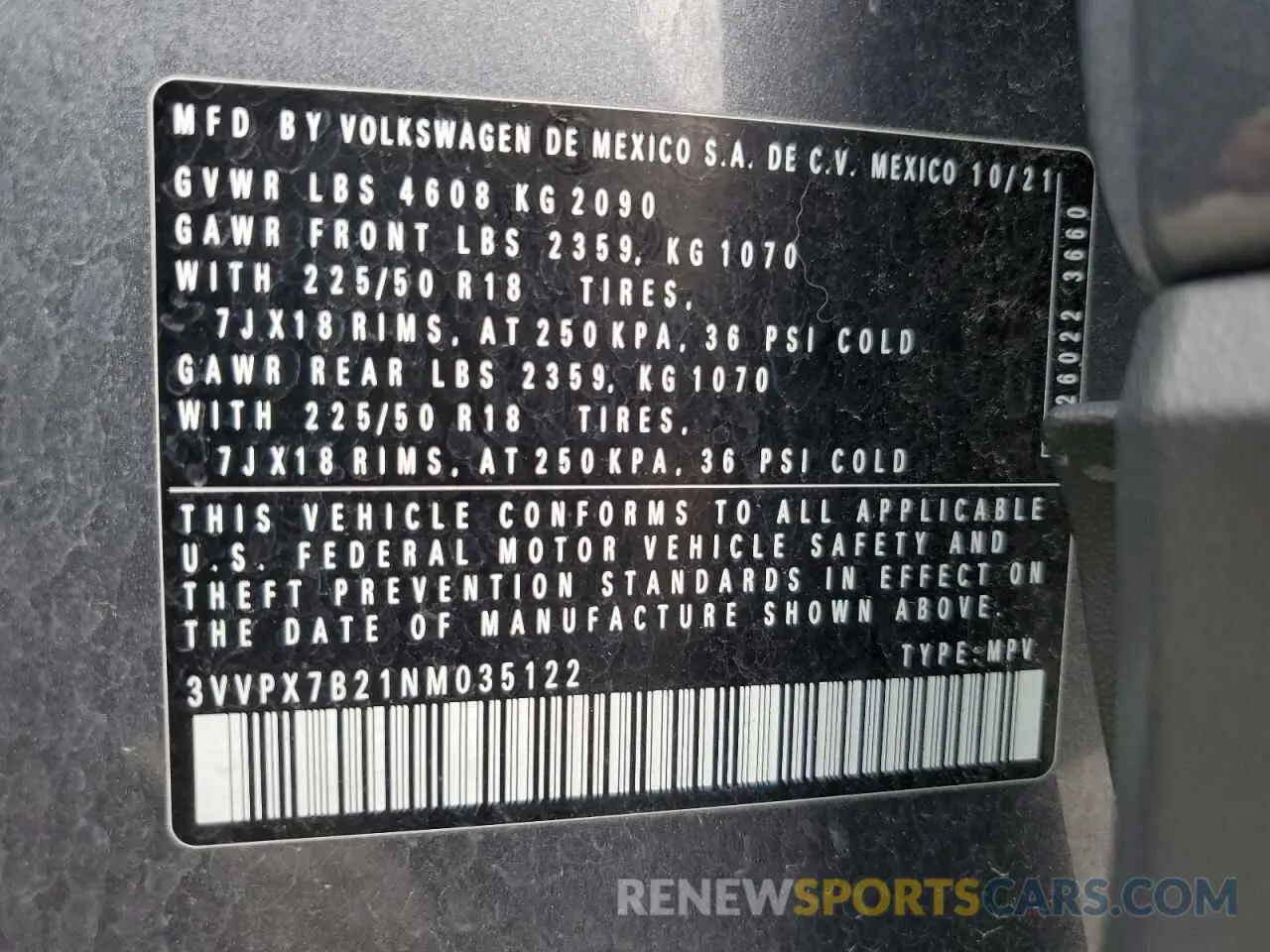 13 Photograph of a damaged car 3VVPX7B21NM035122 VOLKSWAGEN TAOS SE IQ 2022