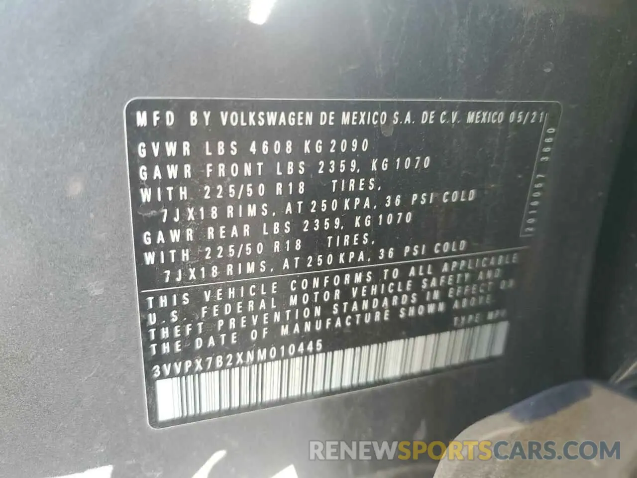 13 Photograph of a damaged car 3VVPX7B2XNM010445 VOLKSWAGEN TAOS SE IQ 2022
