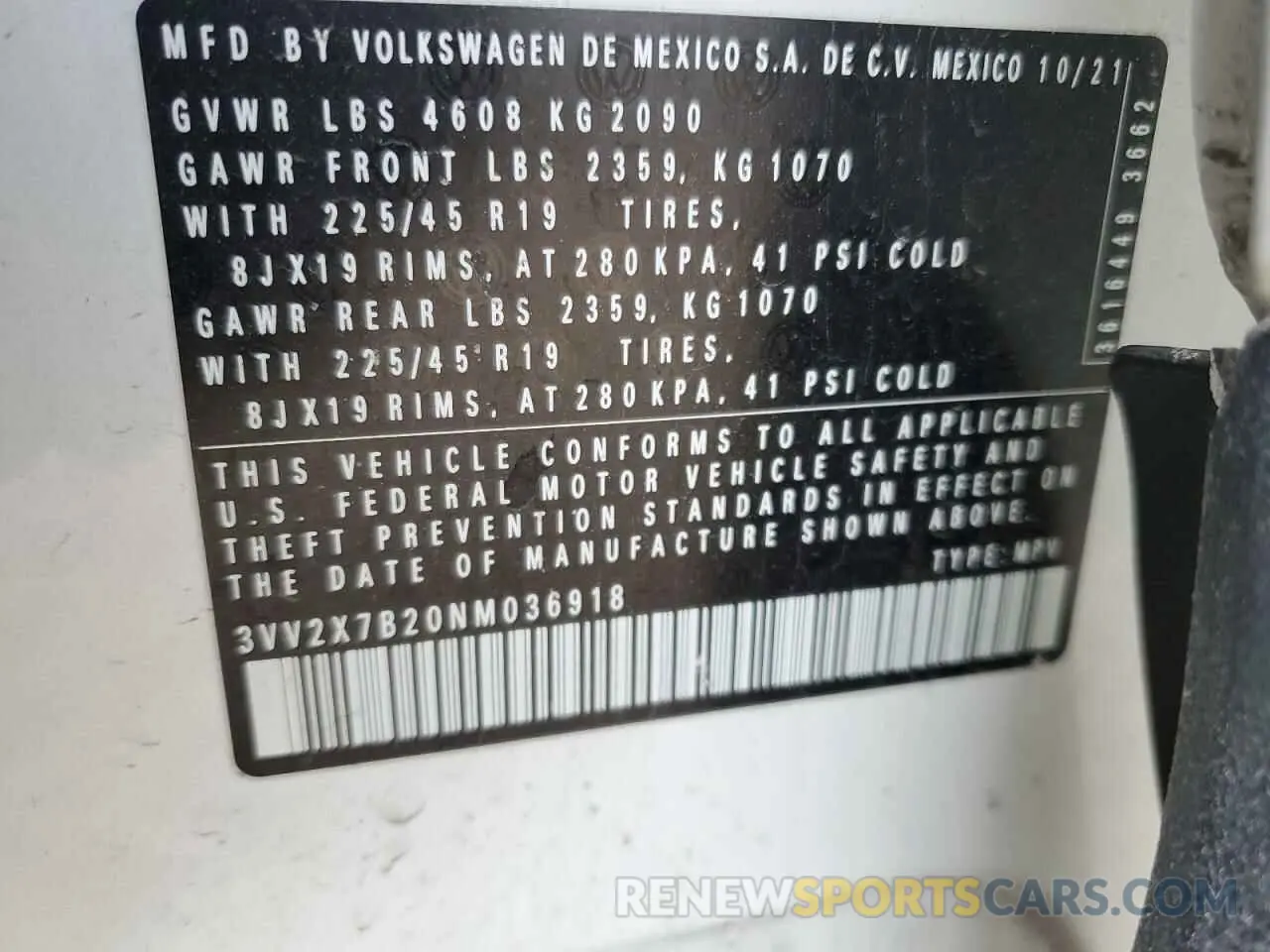 12 Photograph of a damaged car 3VV2X7B20NM036918 VOLKSWAGEN TAOS SEL 2022