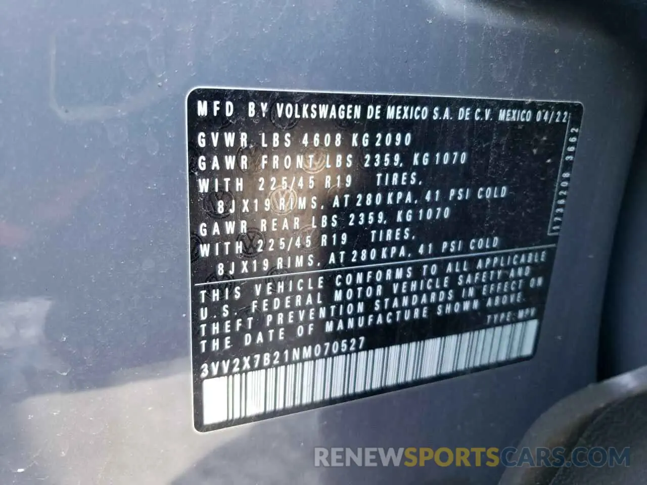 13 Photograph of a damaged car 3VV2X7B21NM070527 VOLKSWAGEN TAOS SEL 2022