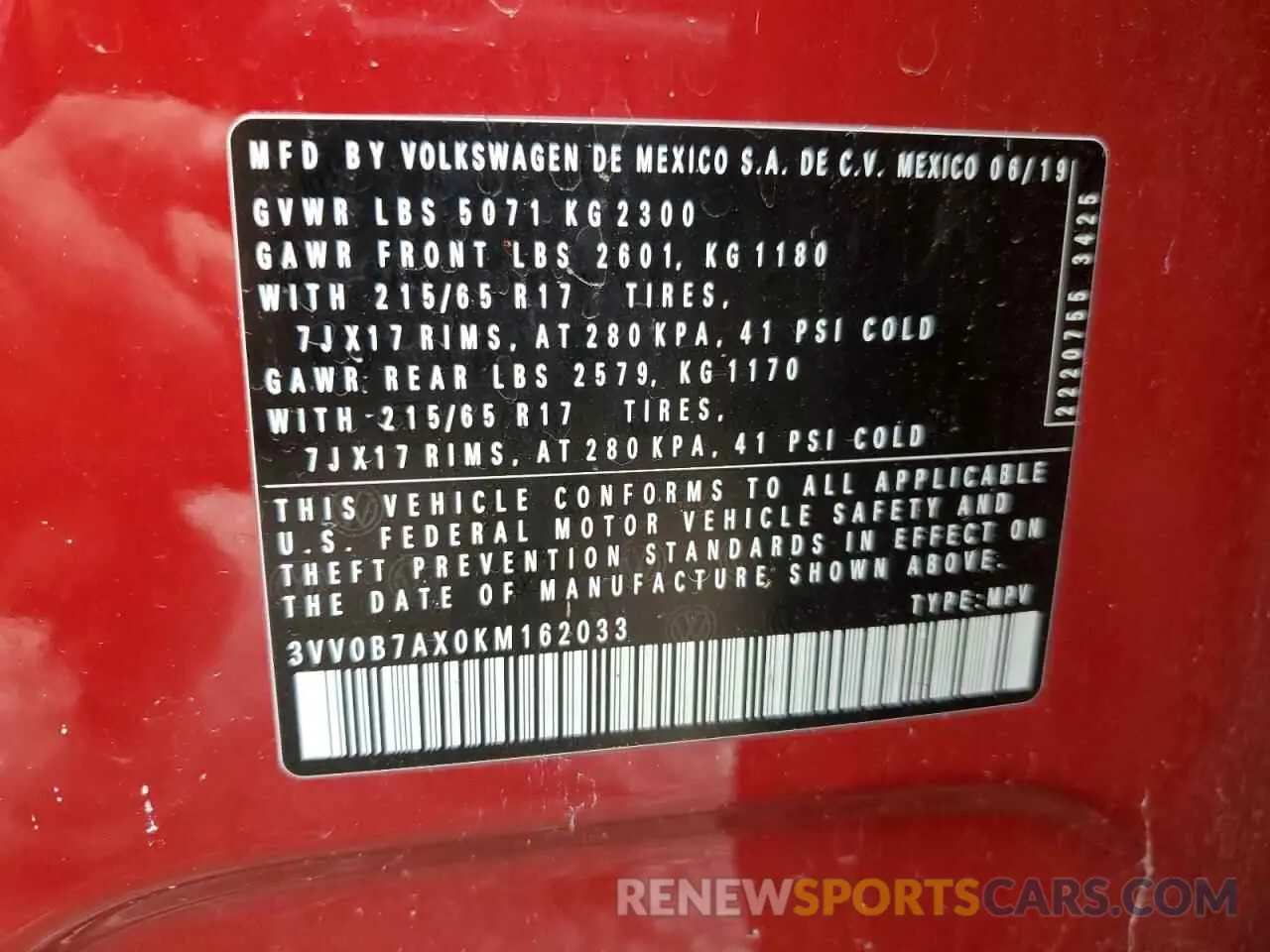13 Photograph of a damaged car 3VV0B7AX0KM162033 VOLKSWAGEN TIGUAN 2019