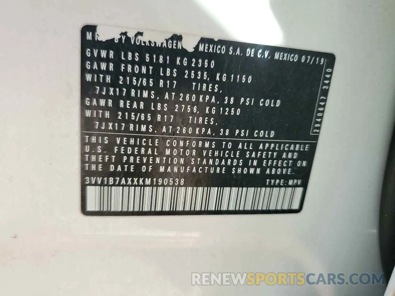 13 Photograph of a damaged car 3VV1B7AXXKM190538 VOLKSWAGEN TIGUAN 2019