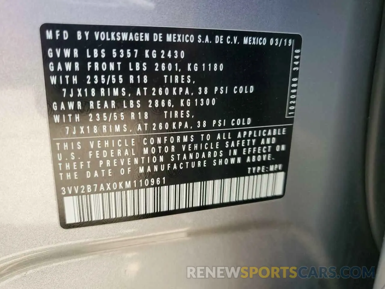 13 Photograph of a damaged car 3VV2B7AX0KM110961 VOLKSWAGEN TIGUAN 2019