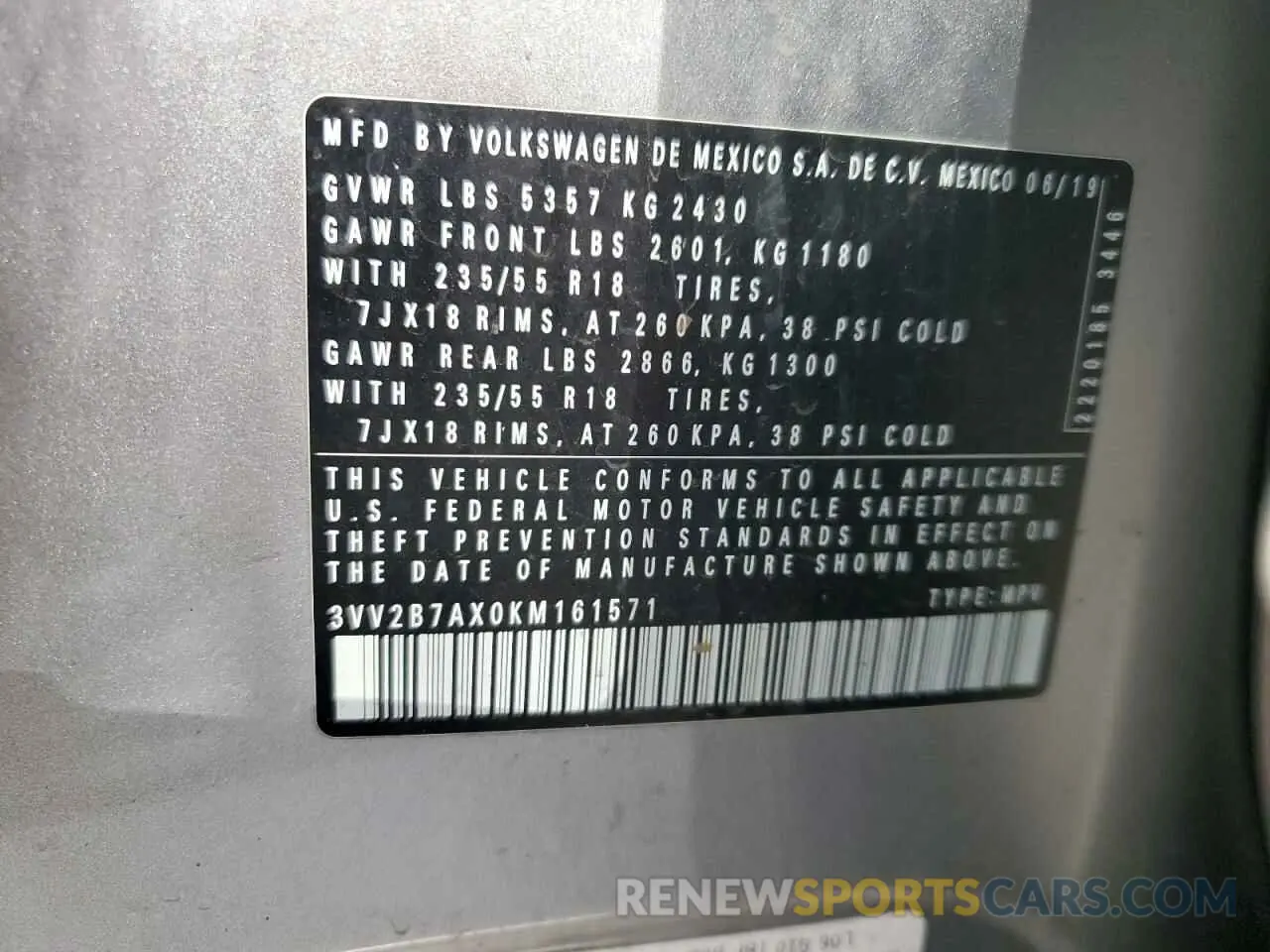 14 Photograph of a damaged car 3VV2B7AX0KM161571 VOLKSWAGEN TIGUAN 2019
