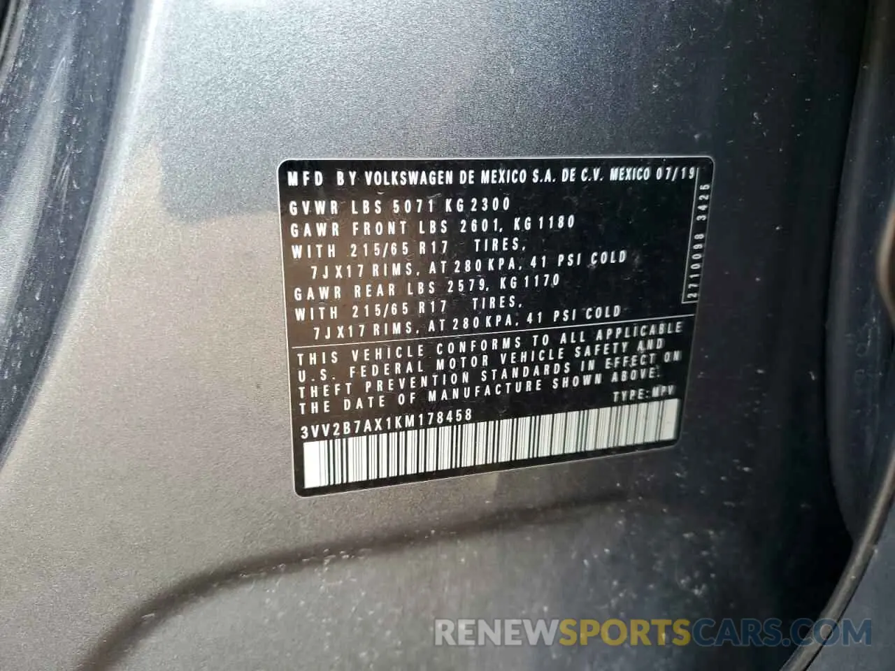12 Photograph of a damaged car 3VV2B7AX1KM178458 VOLKSWAGEN TIGUAN 2019